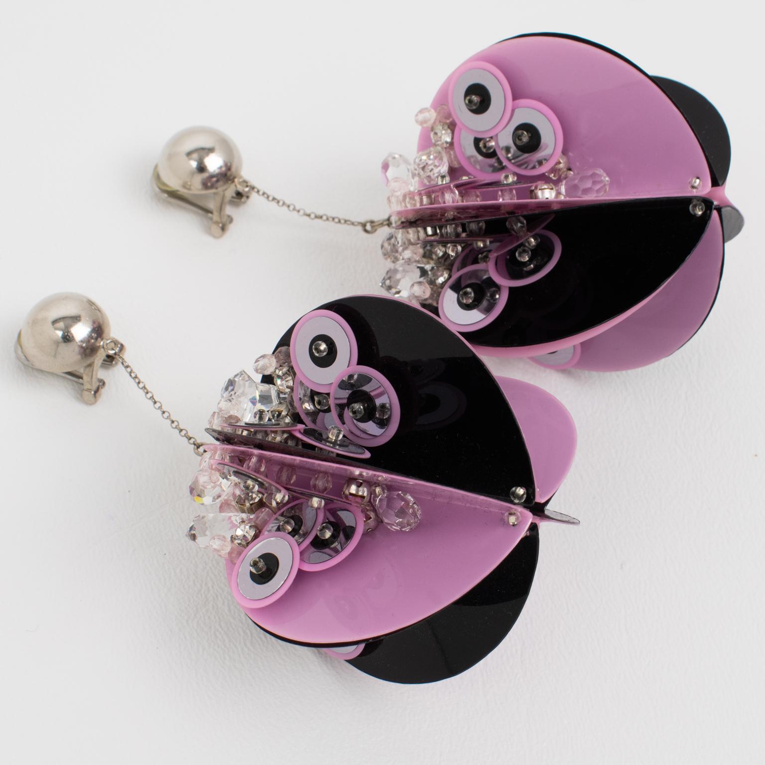 Women's or Men's Prada Runway Collection Extra-Wide Pink and Black Sequin Earrings For Sale