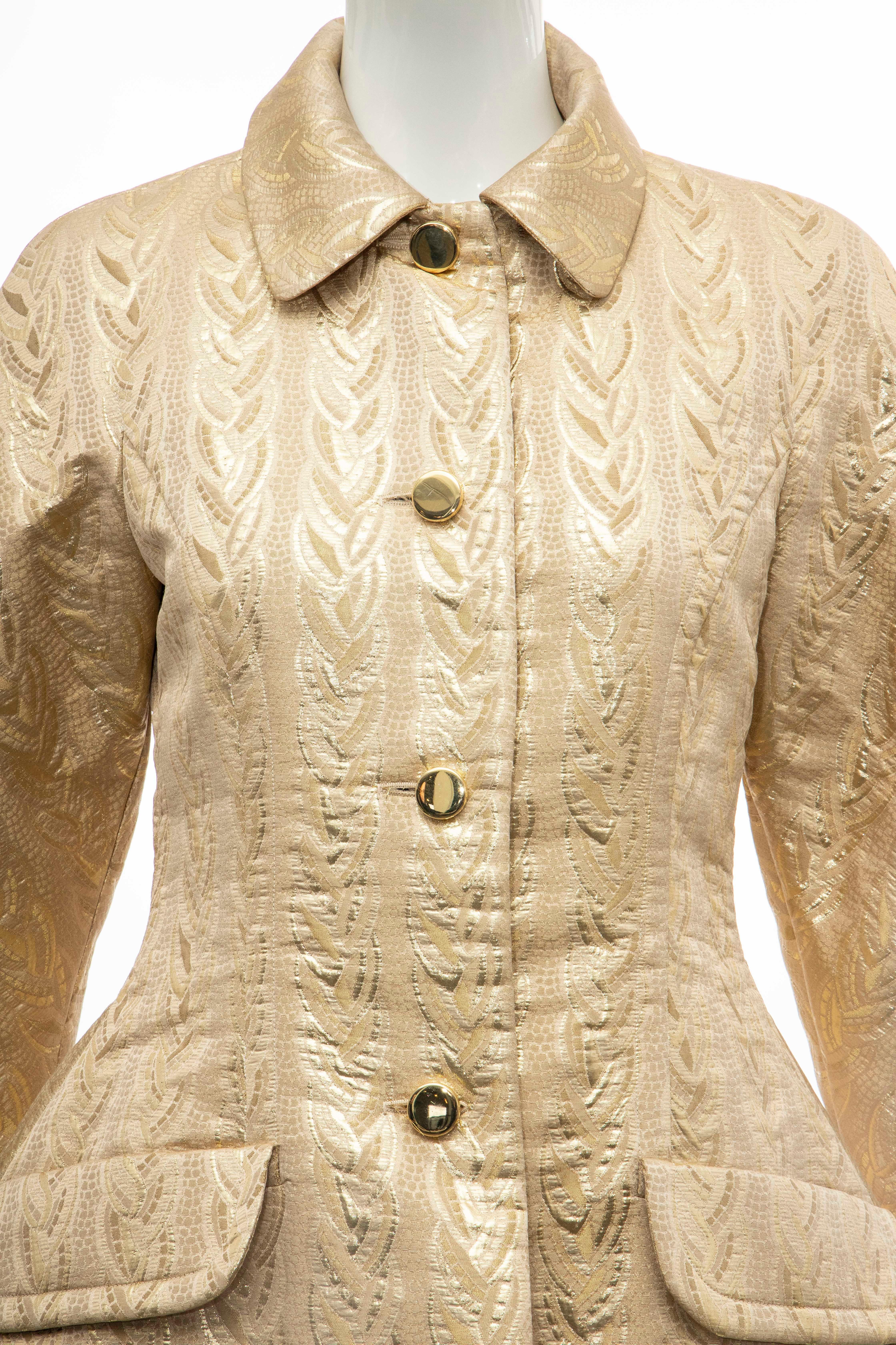 Prada, Fall 1992 runway gold brocade jacket, dual flap pockets at waist, button closures at center front and fully lined.


Bust: 33, Waist: 29.5, Shoulder: 16, Length: 26.5, Sleeve: 27.5

Fabric: 60% Acetate, 40% Cupro