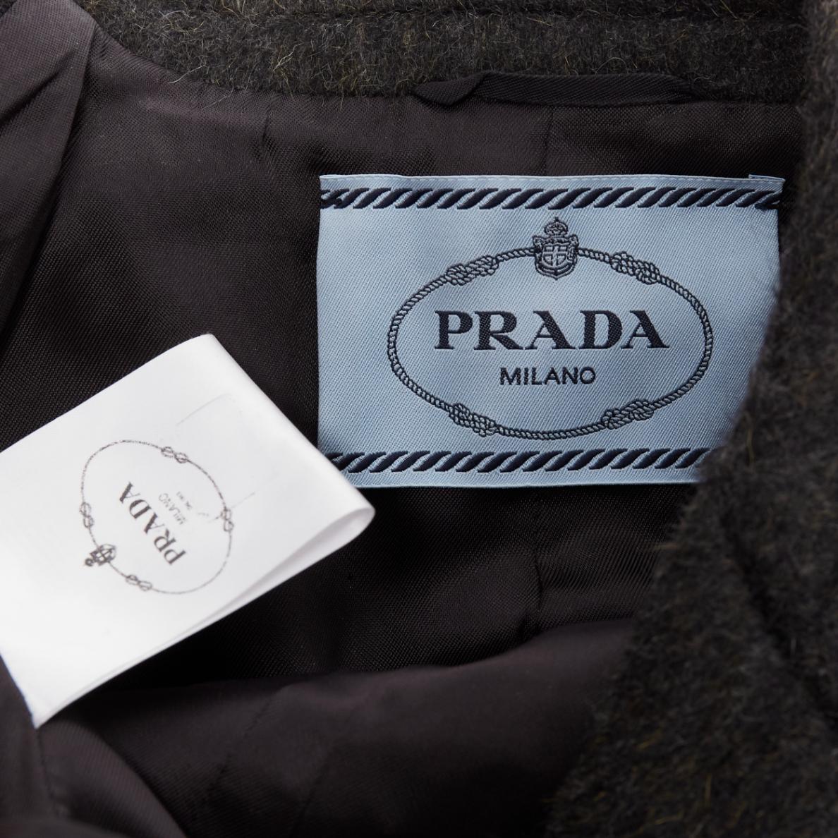 PRADA Runway grey wool green feather trim oversized boxy blazer S For Sale 7