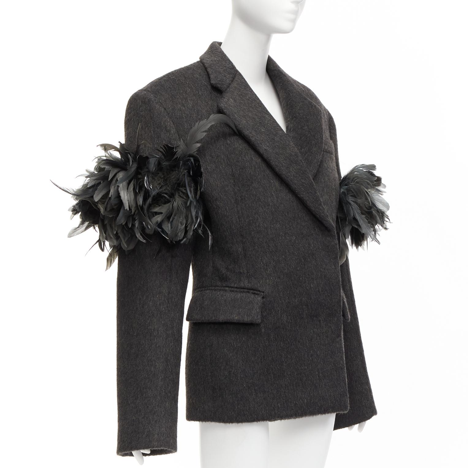 PRADA Runway grey wool green feather trim oversized boxy blazer S In Excellent Condition In Hong Kong, NT
