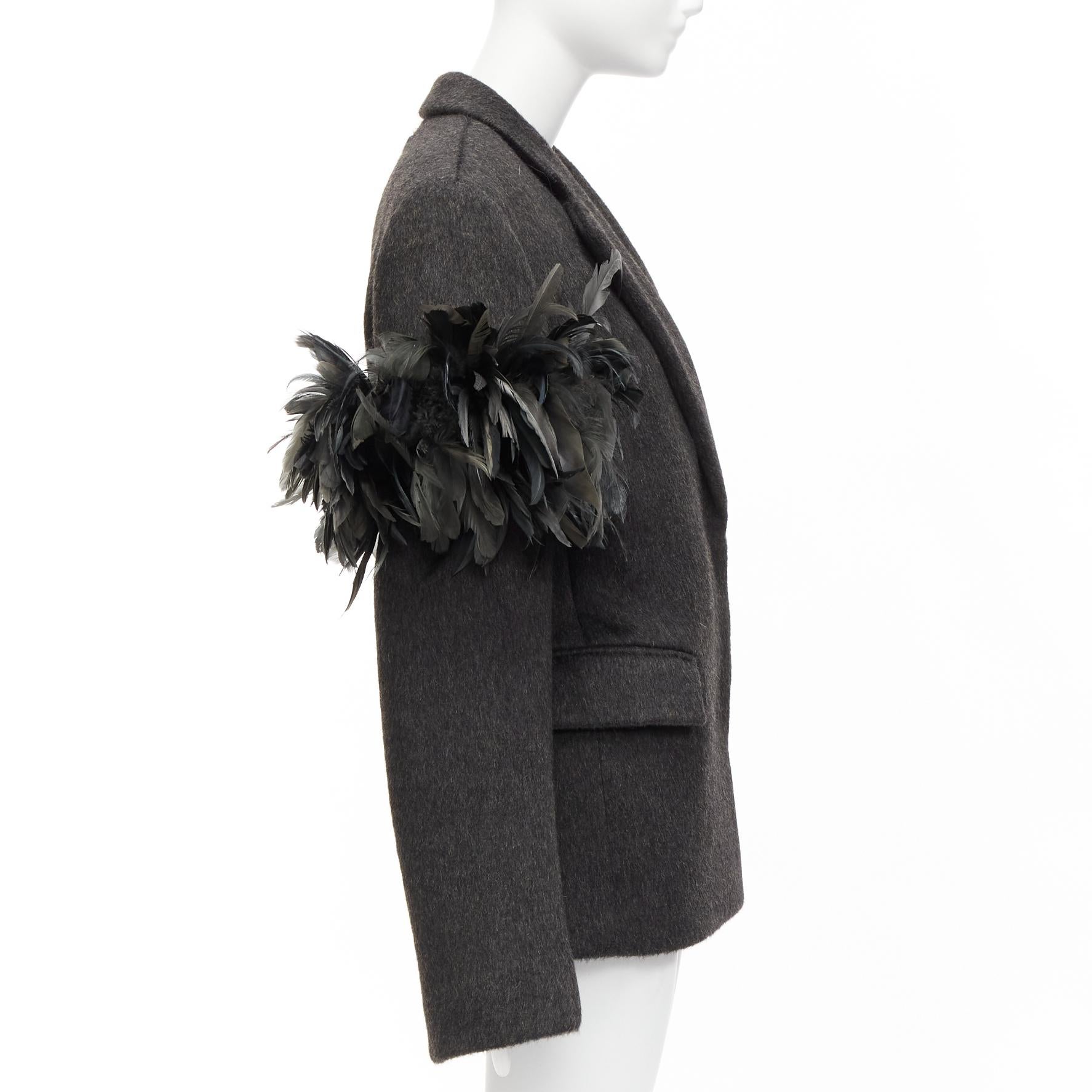 Women's PRADA Runway grey wool green feather trim oversized boxy blazer S