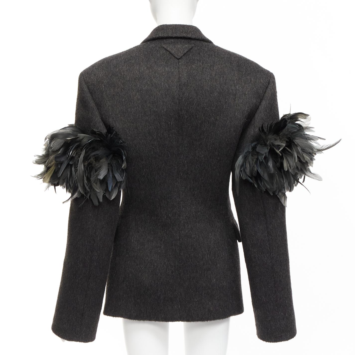PRADA Runway grey wool green feather trim oversized boxy blazer S 1