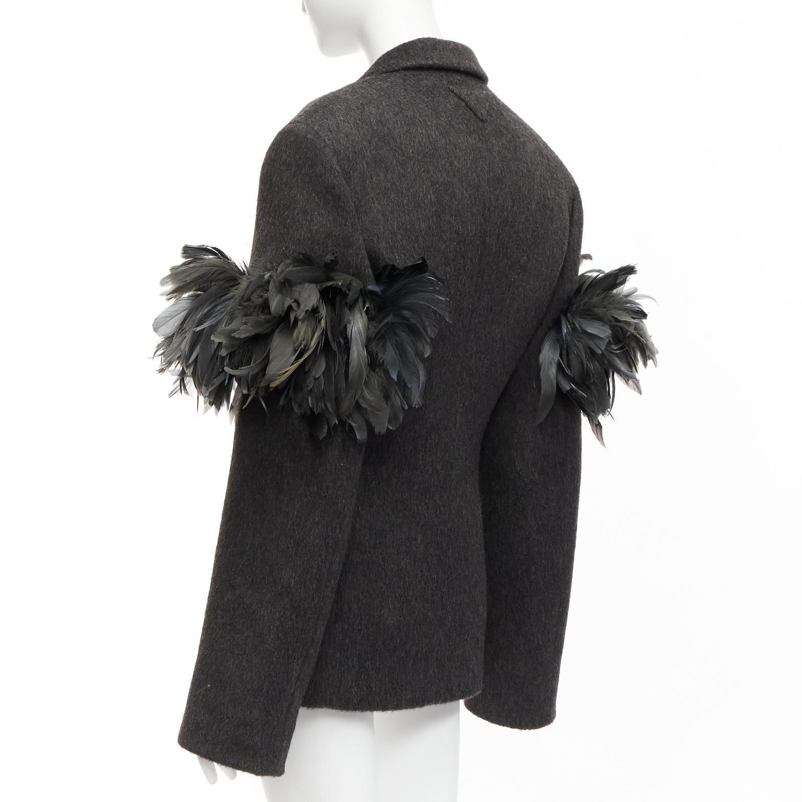 PRADA Runway grey wool green feather trim oversized boxy blazer S 2