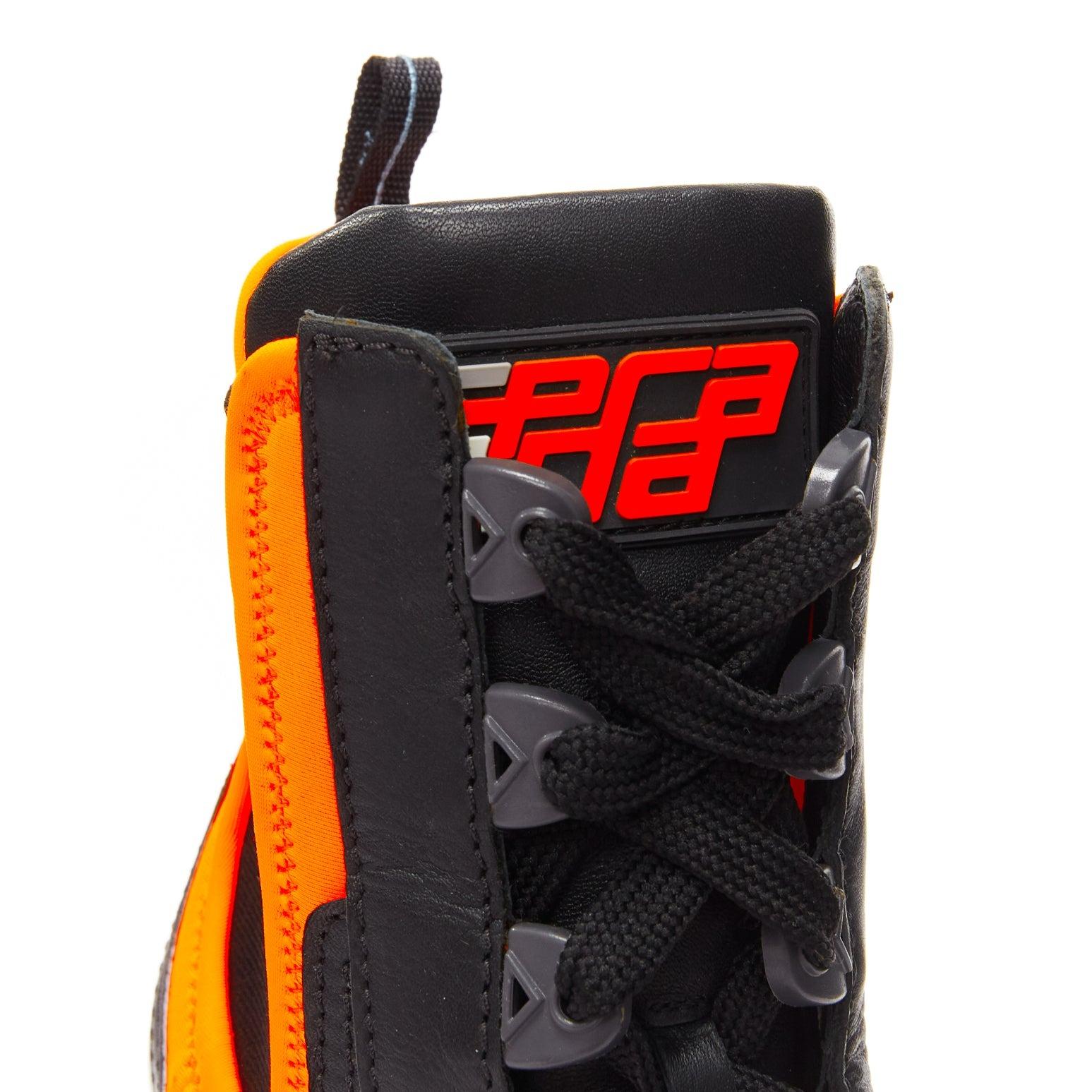 PRADA Runway neon orange neoprene black leather logo boots EU37 Nicki Minaj
Reference: TGAS/D00858
Brand: Prada
Designer: Miuccia Prada
As seen on: Nicki Minaj
Material: Leather, Neoprene
Color: Black, Orange
Pattern: Solid
Closure: Lace Up
Lining: