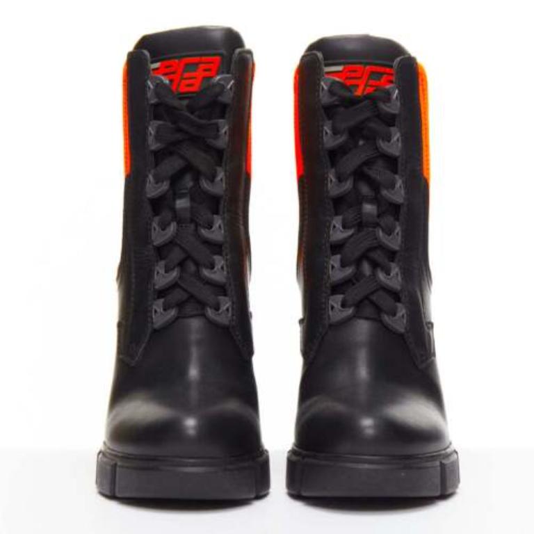 PRADA Runway neon orange neoprene black leather logo boots EU37 Nicki Minaj In Good Condition In Hong Kong, NT