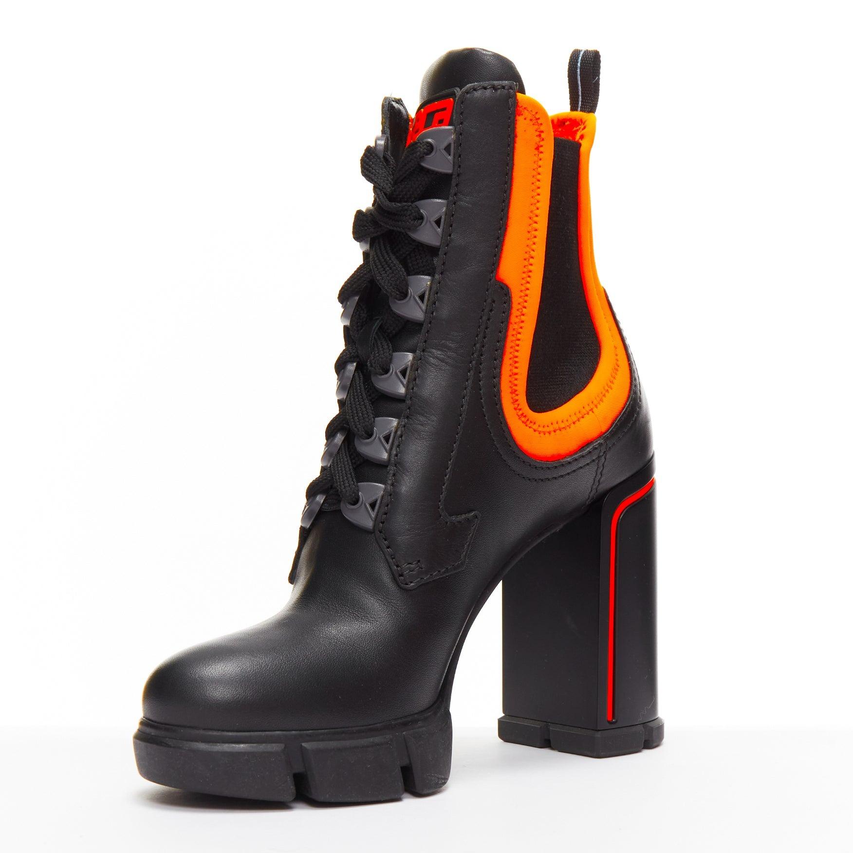 Women's PRADA Runway neon orange neoprene black leather logo boots EU37 Nicki Minaj For Sale