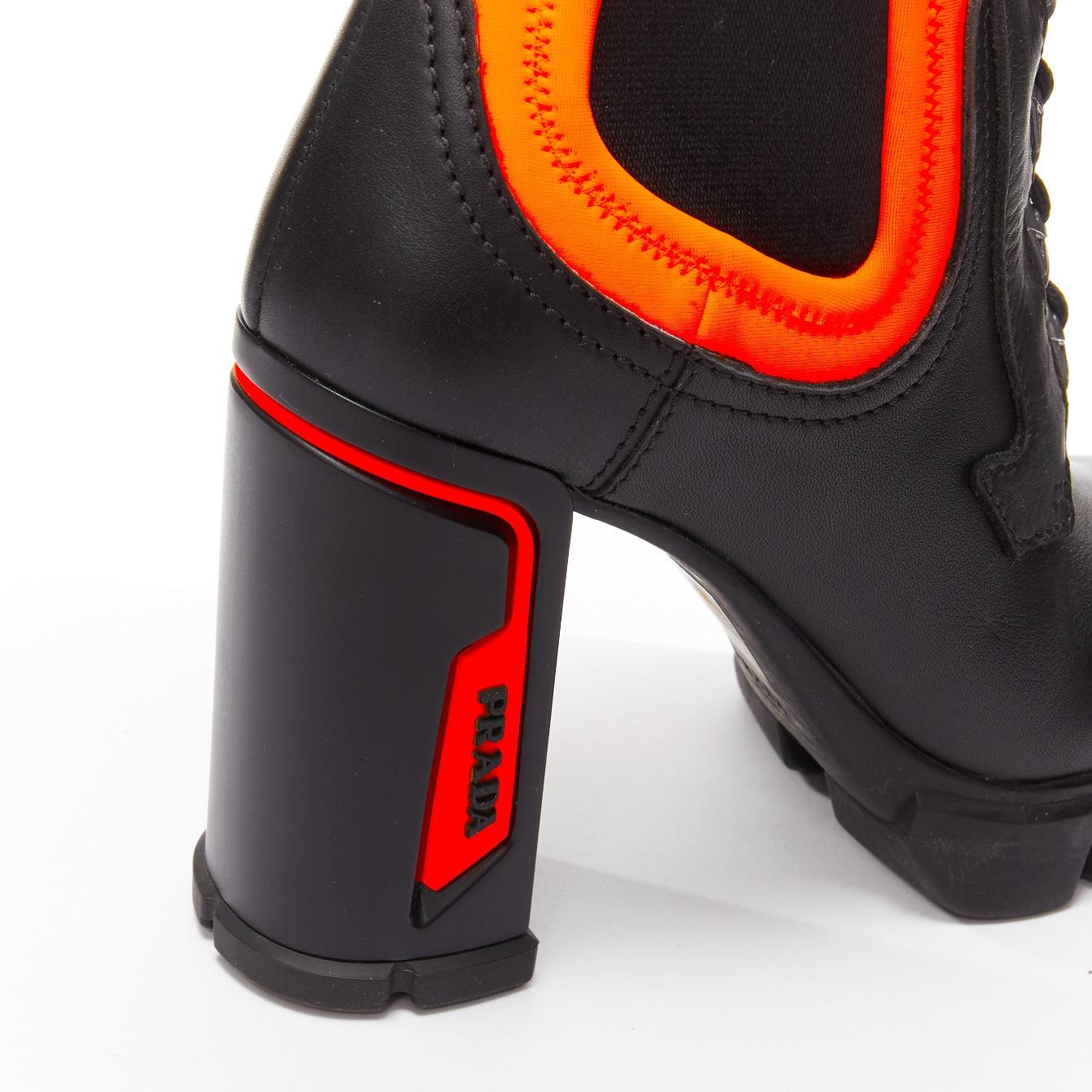 PRADA Runway neon orange neoprene black leather logo boots EU37 Nicki Minaj For Sale 3