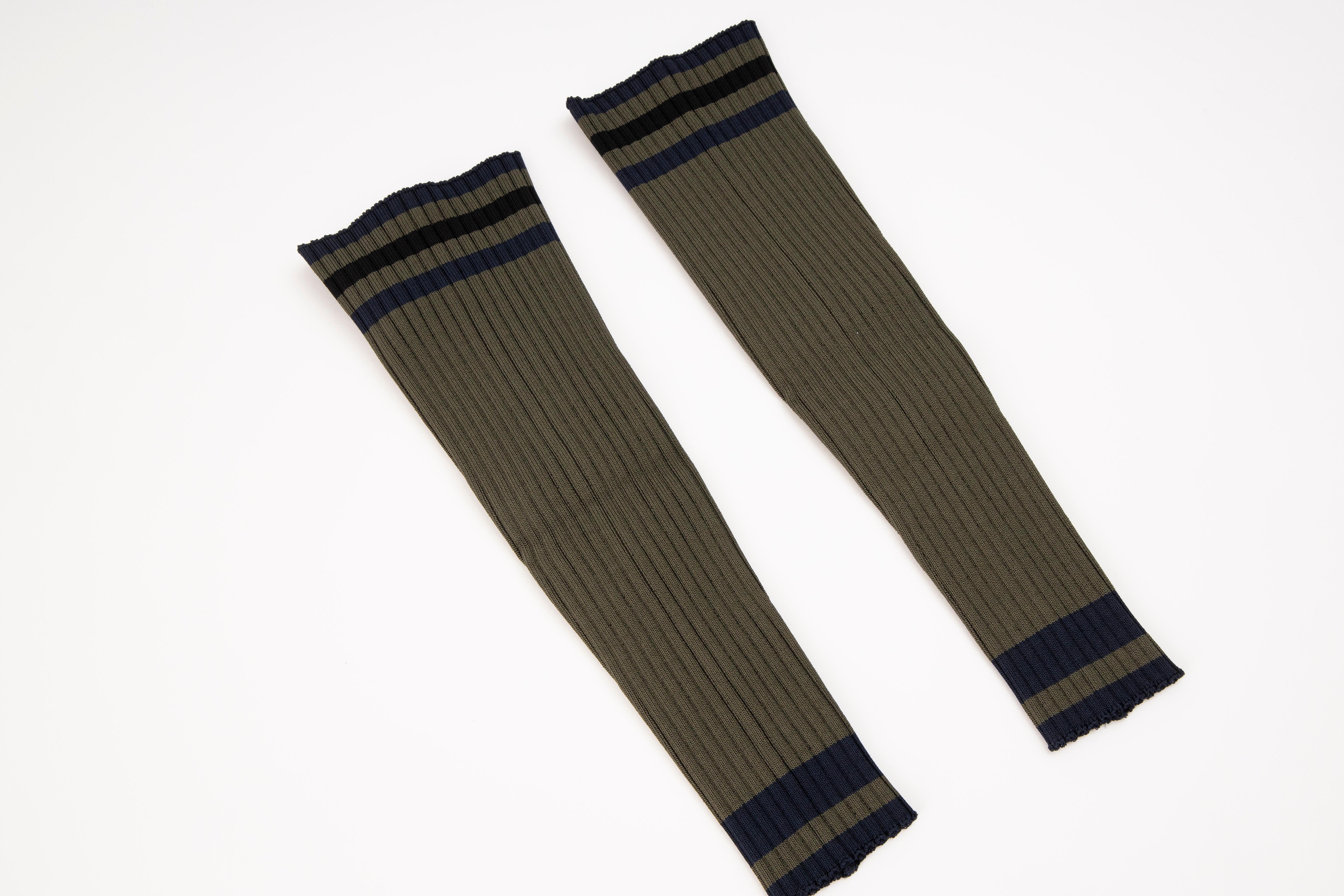 Prada, Spring 2014 runway olive green, navy blue and black striped viscose leg warmers with Prada packaging and tags.

Length: 14.25