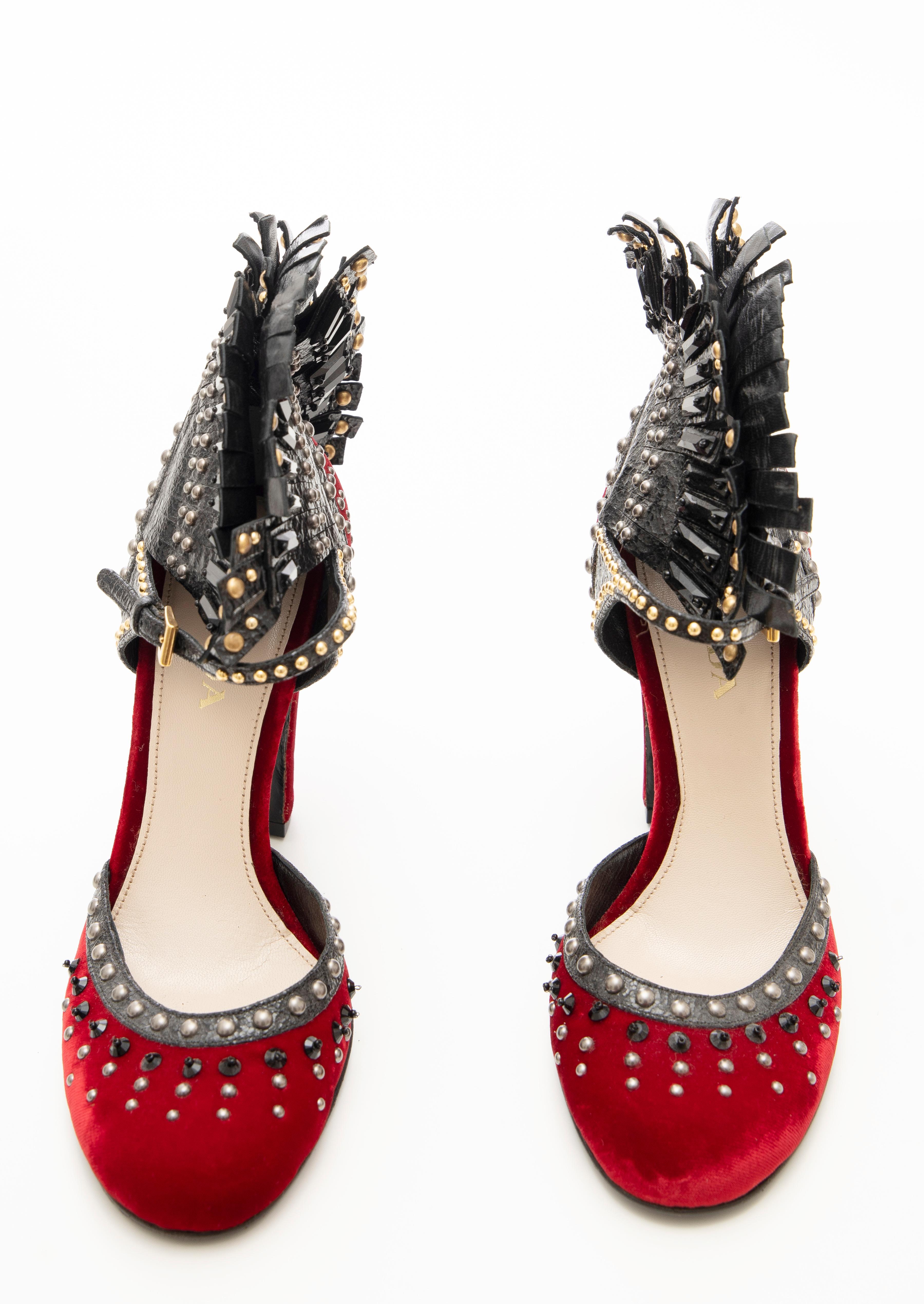 Prada Runway Red Velvet Black Studded Crystal Leather Mohawk Pumps, Fall 2009 For Sale 3