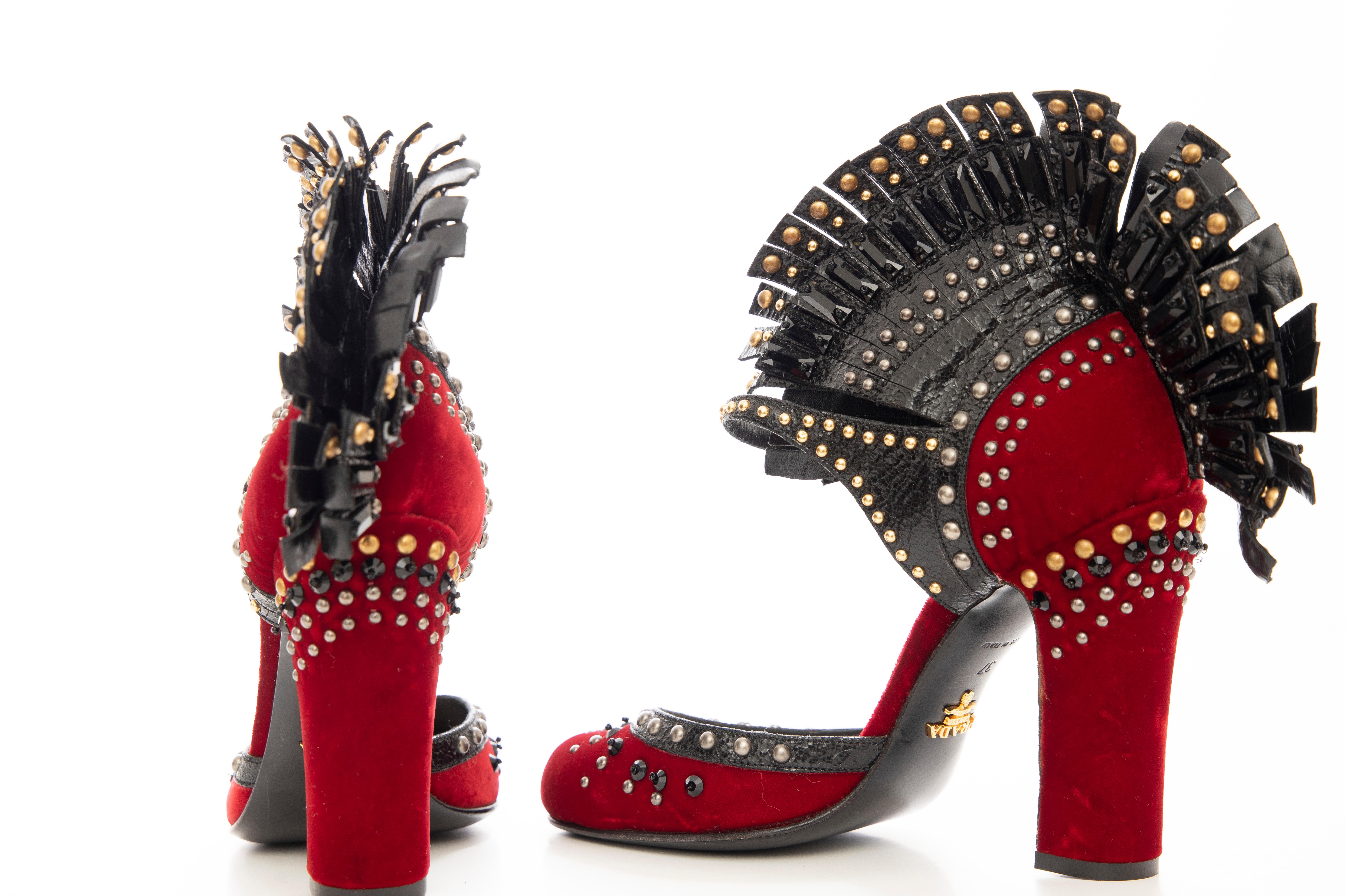 Prada Runway Red Velvet Black Studded Crystal Leather Mohawk Pumps, Fall 2009 For Sale 6