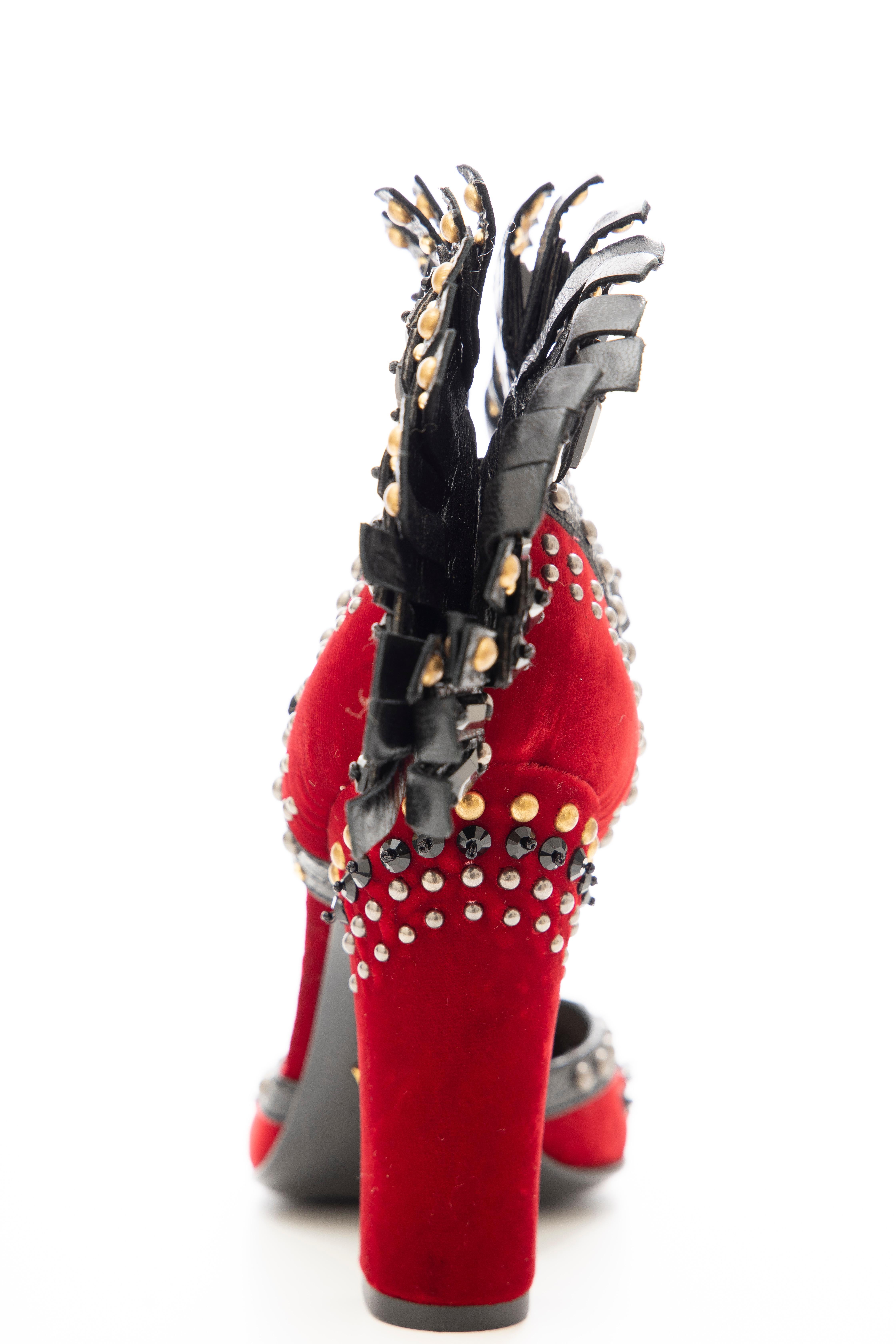 Women's Prada Runway Red Velvet Black Studded Crystal Leather Mohawk Pumps, Fall 2009 For Sale