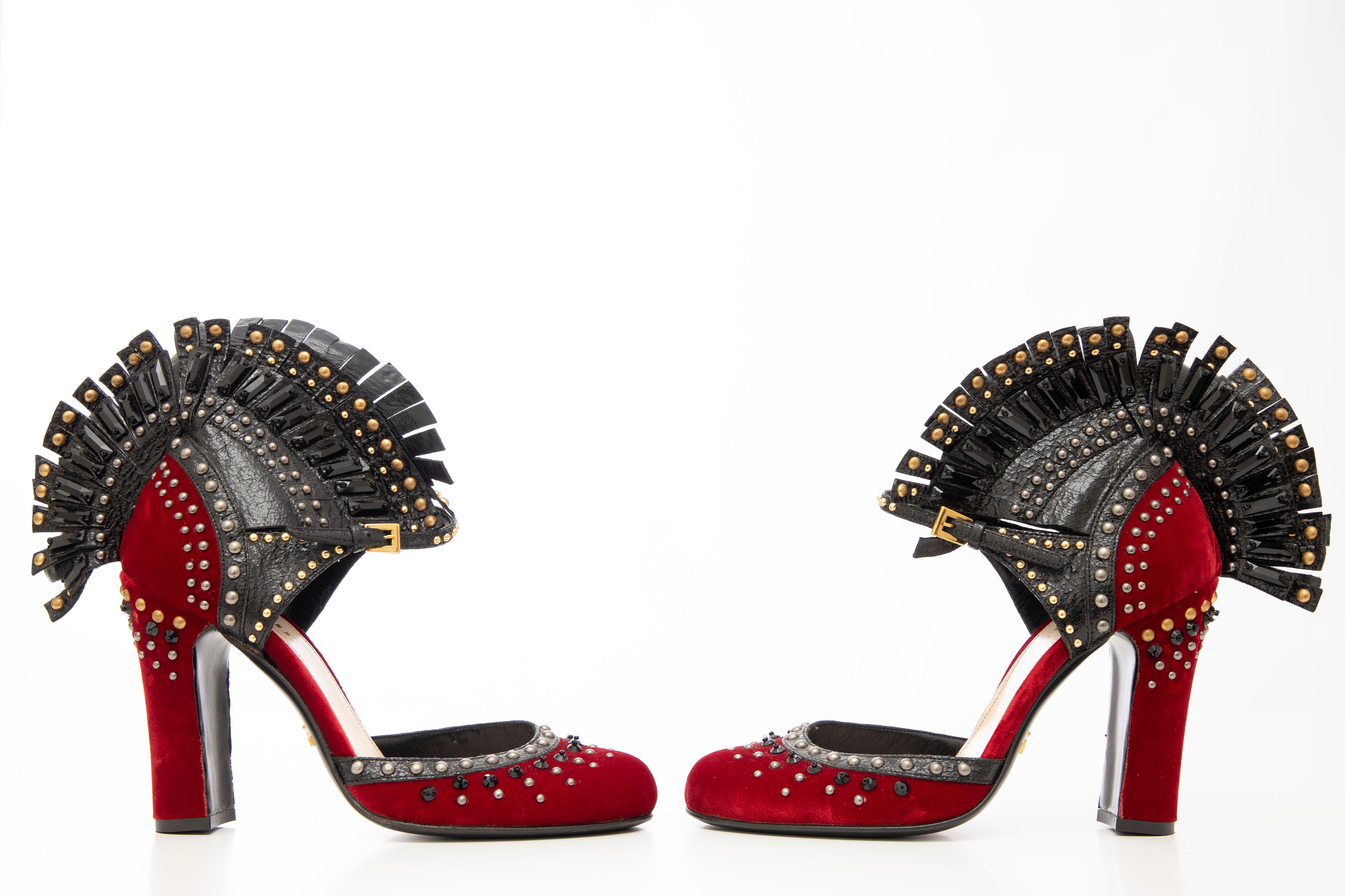 Prada Runway Red Velvet Black Studded Crystal Leather Mohawk Pumps, Fall 2009 For Sale 2