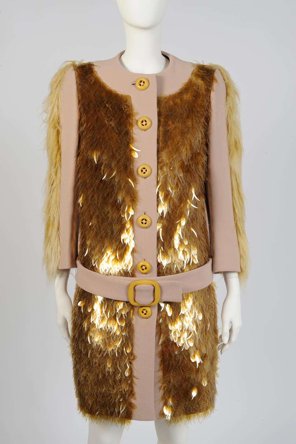 Prada Runway Sequined & Faux Fur Belted Coat, Fall-Winter 2011 In Excellent Condition In Geneva, CH