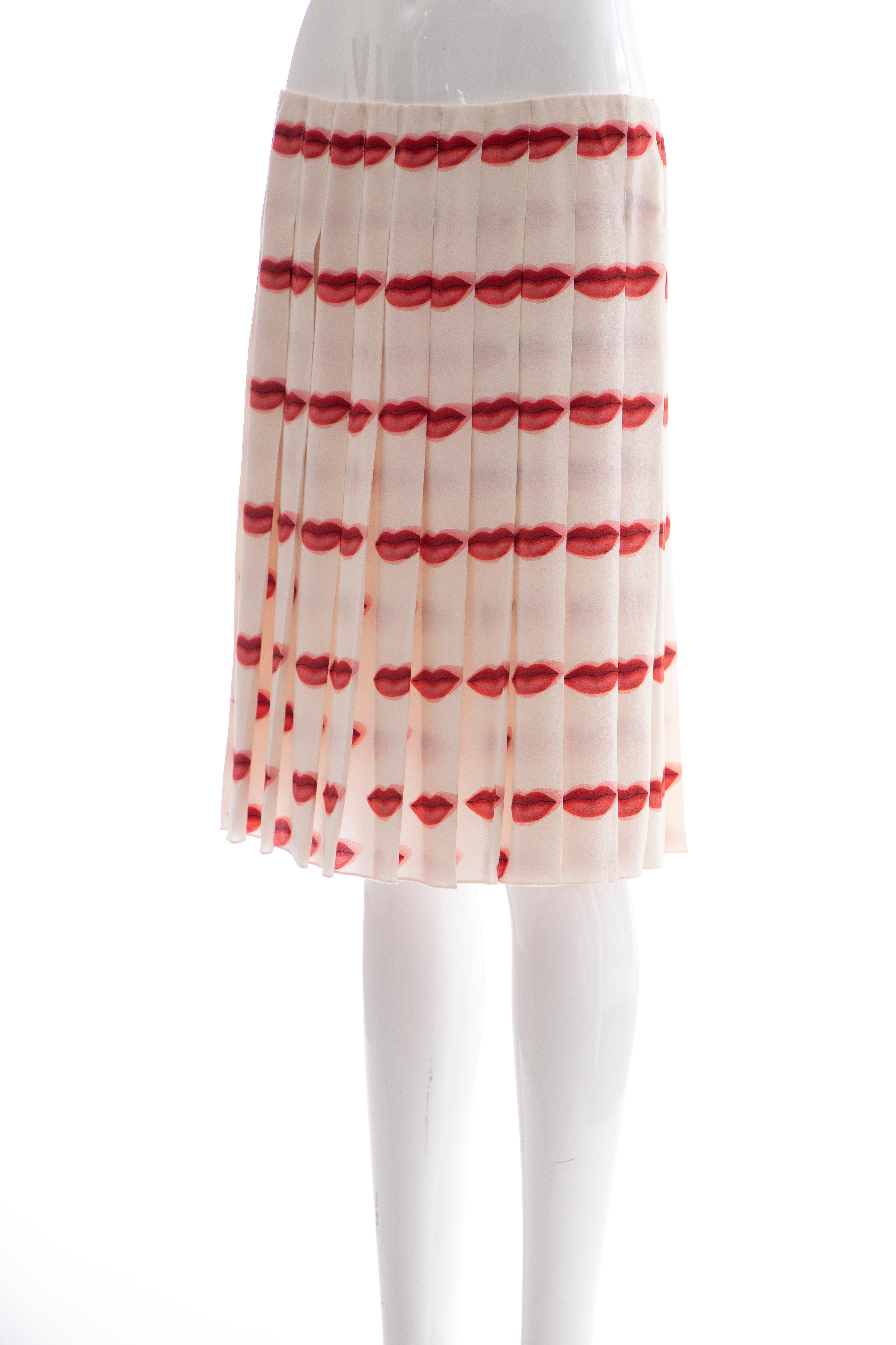 Prada Runway Silk Pleated Lip Print Skirt, Spring 2000 3