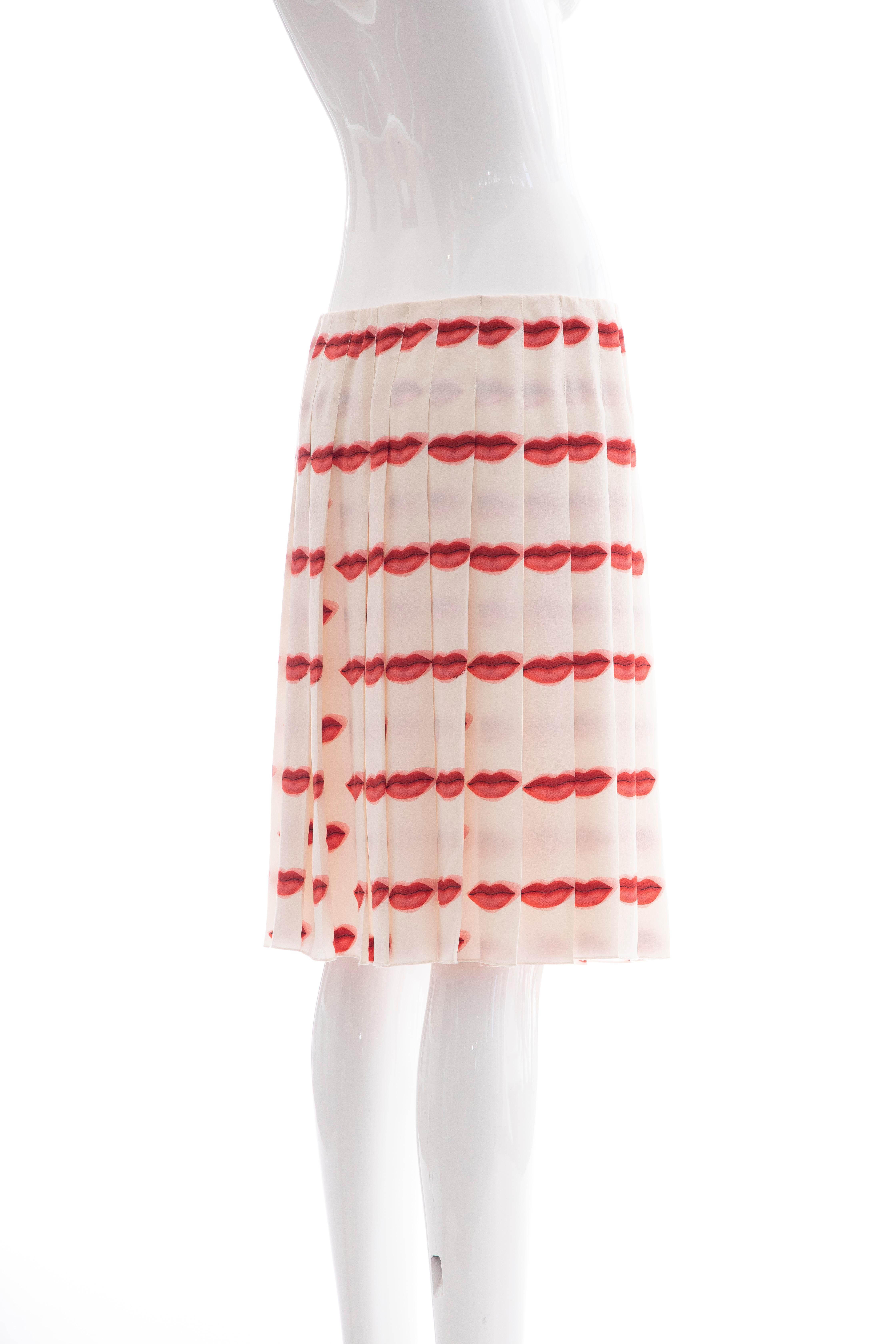Beige Prada Runway Silk Pleated Lip Print Skirt, Spring 2000