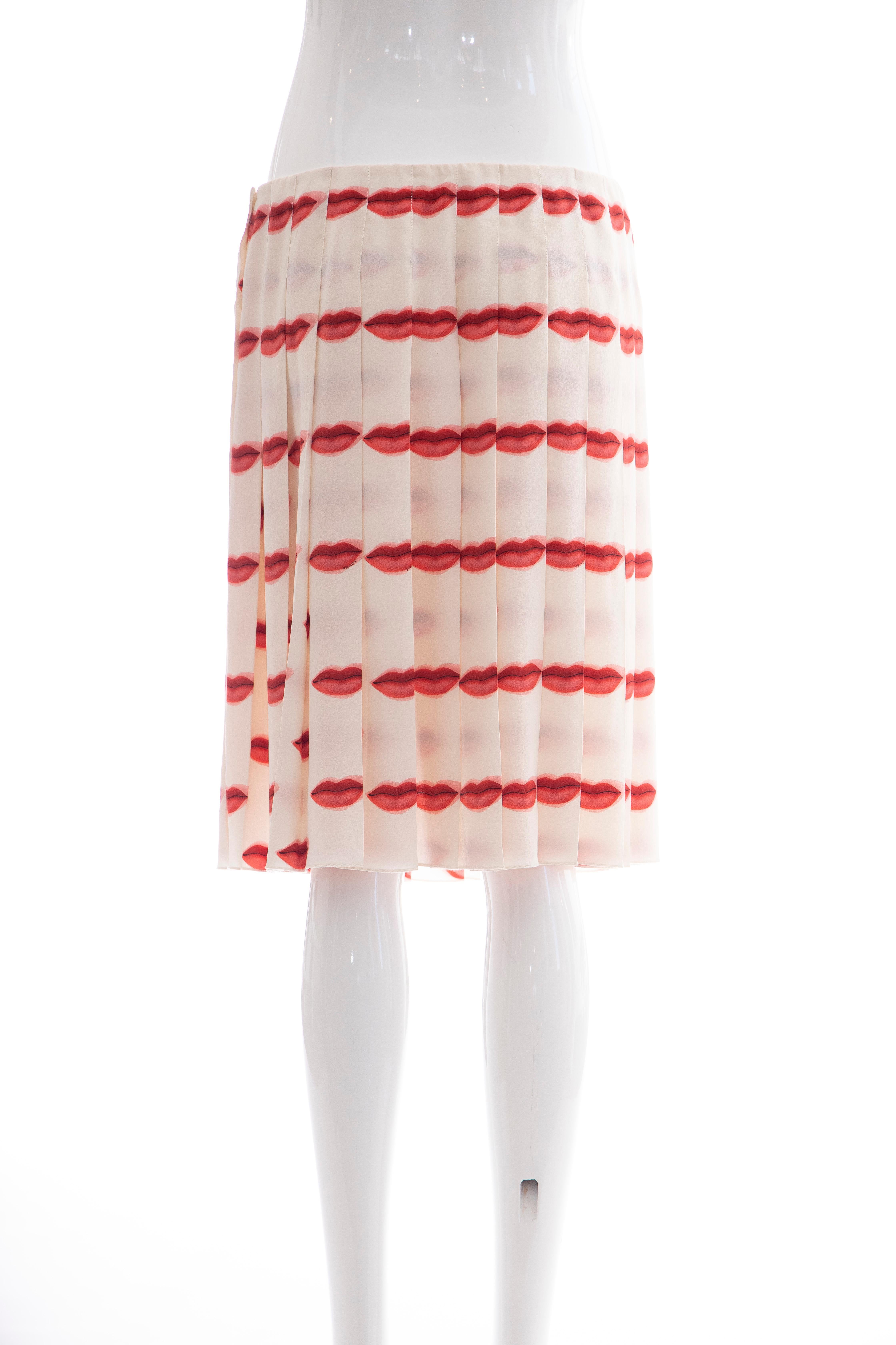 Women's Prada Runway Silk Pleated Lip Print Skirt, Spring 2000