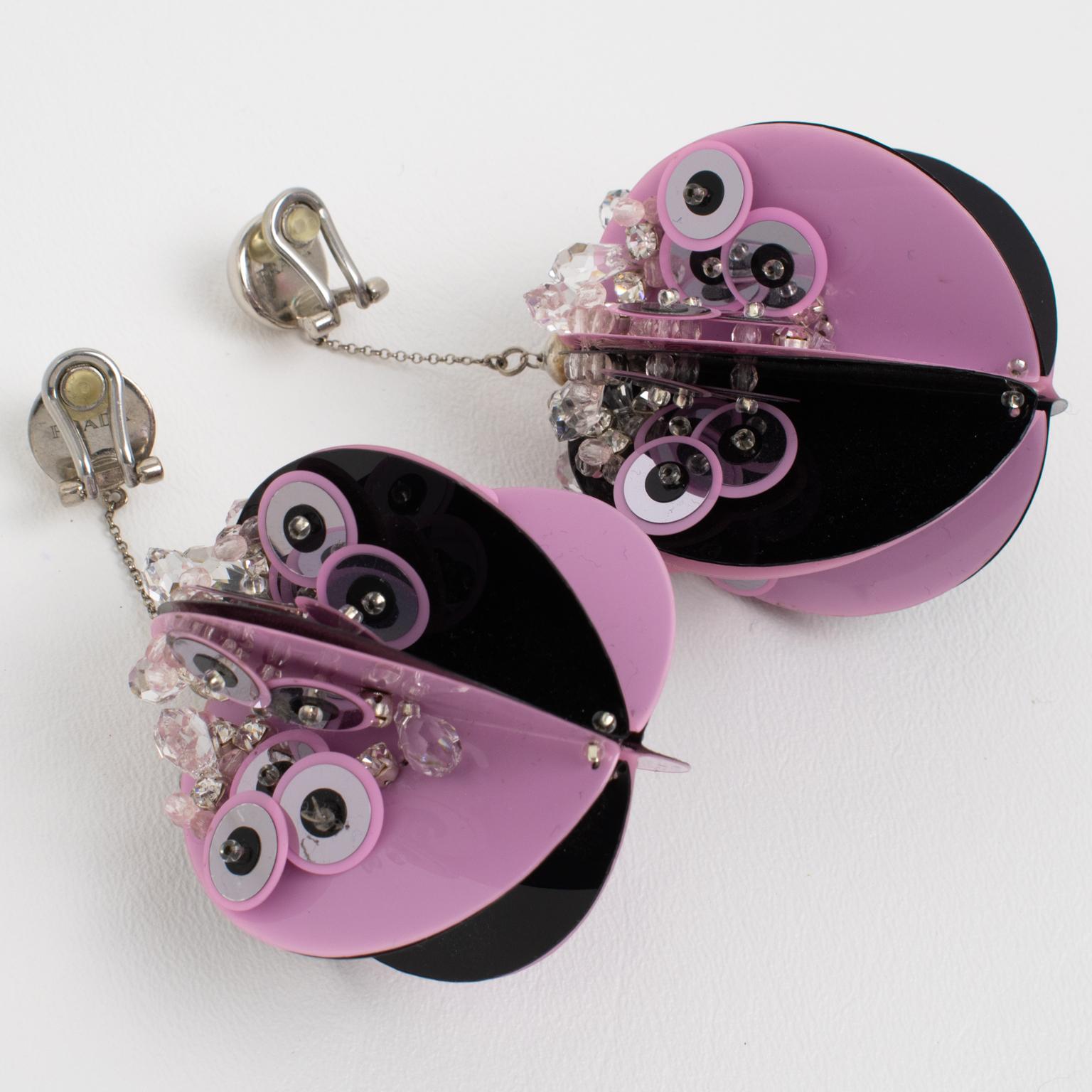 Modernist Prada Runway SS 2016 Black and Pink Sequin Disco Clip Earrings For Sale