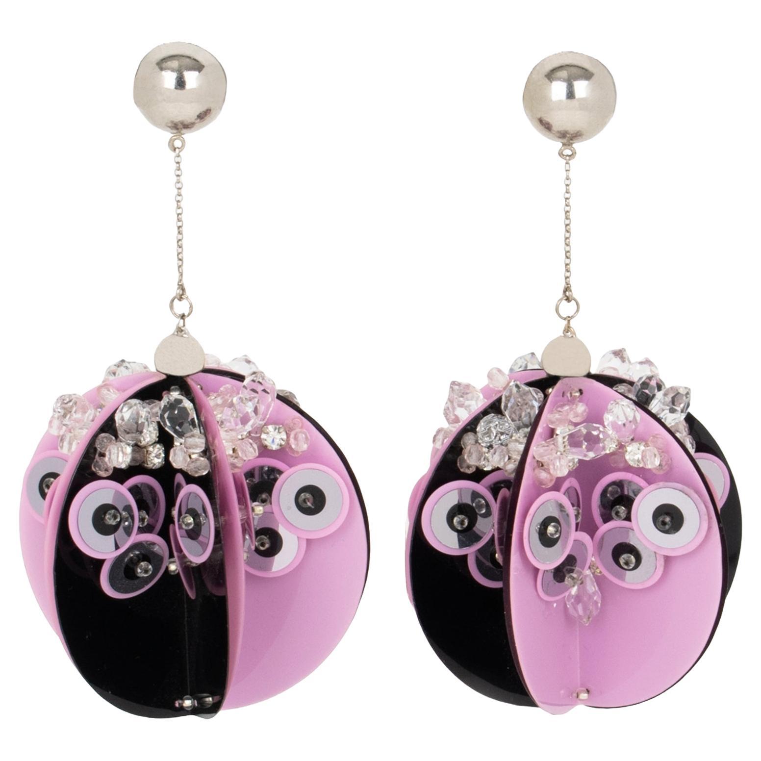 Prada Runway SS 2016 Black and Pink Sequin Disco Clip Earrings For Sale
