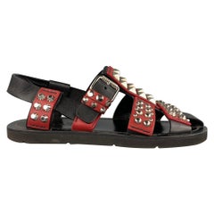 PRADA S/S 18 Size 8 Black & Burgundy Studded Leather Gladiator Sandals