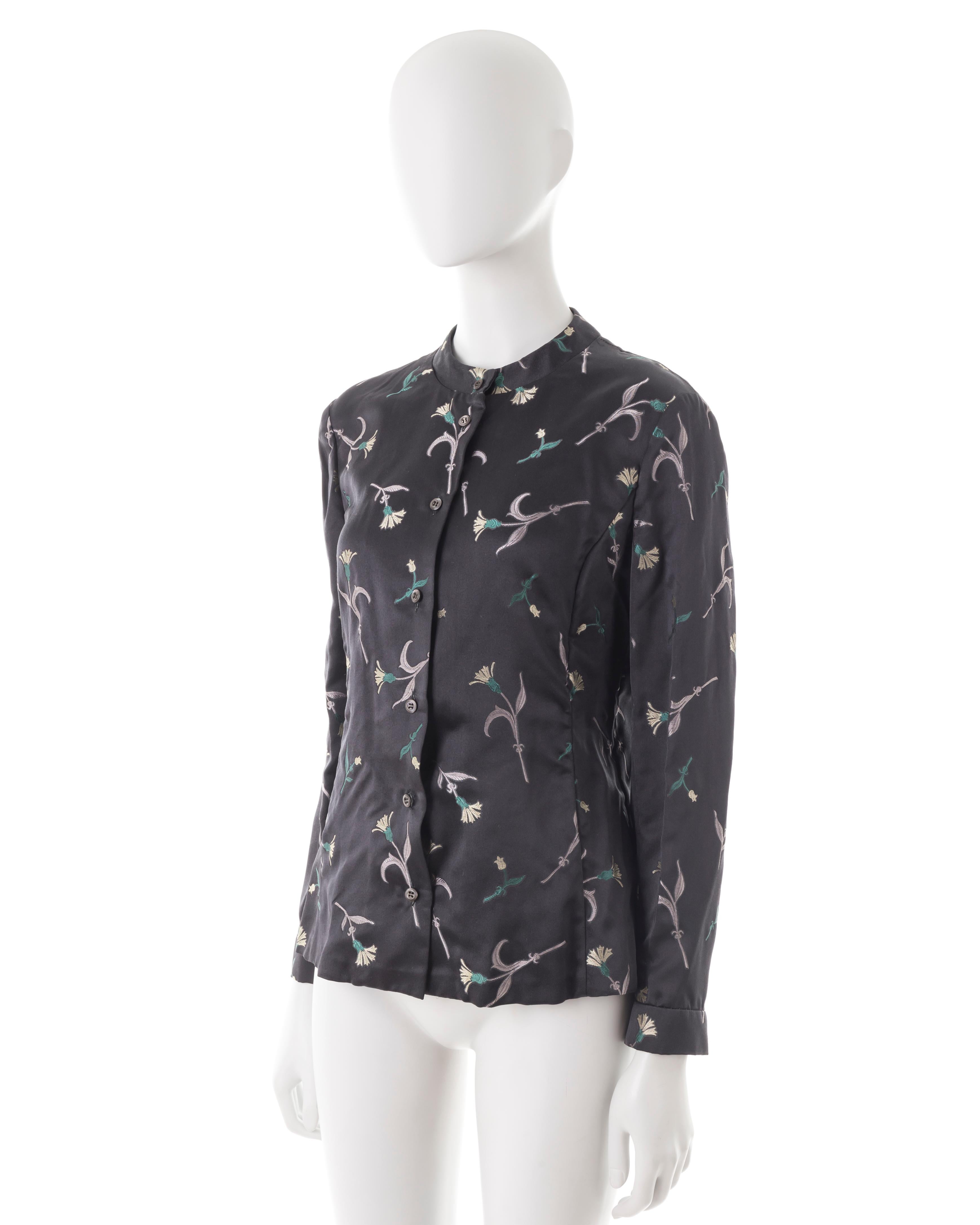 Black Prada F/W 1997 black floral mandarin collar shirt For Sale