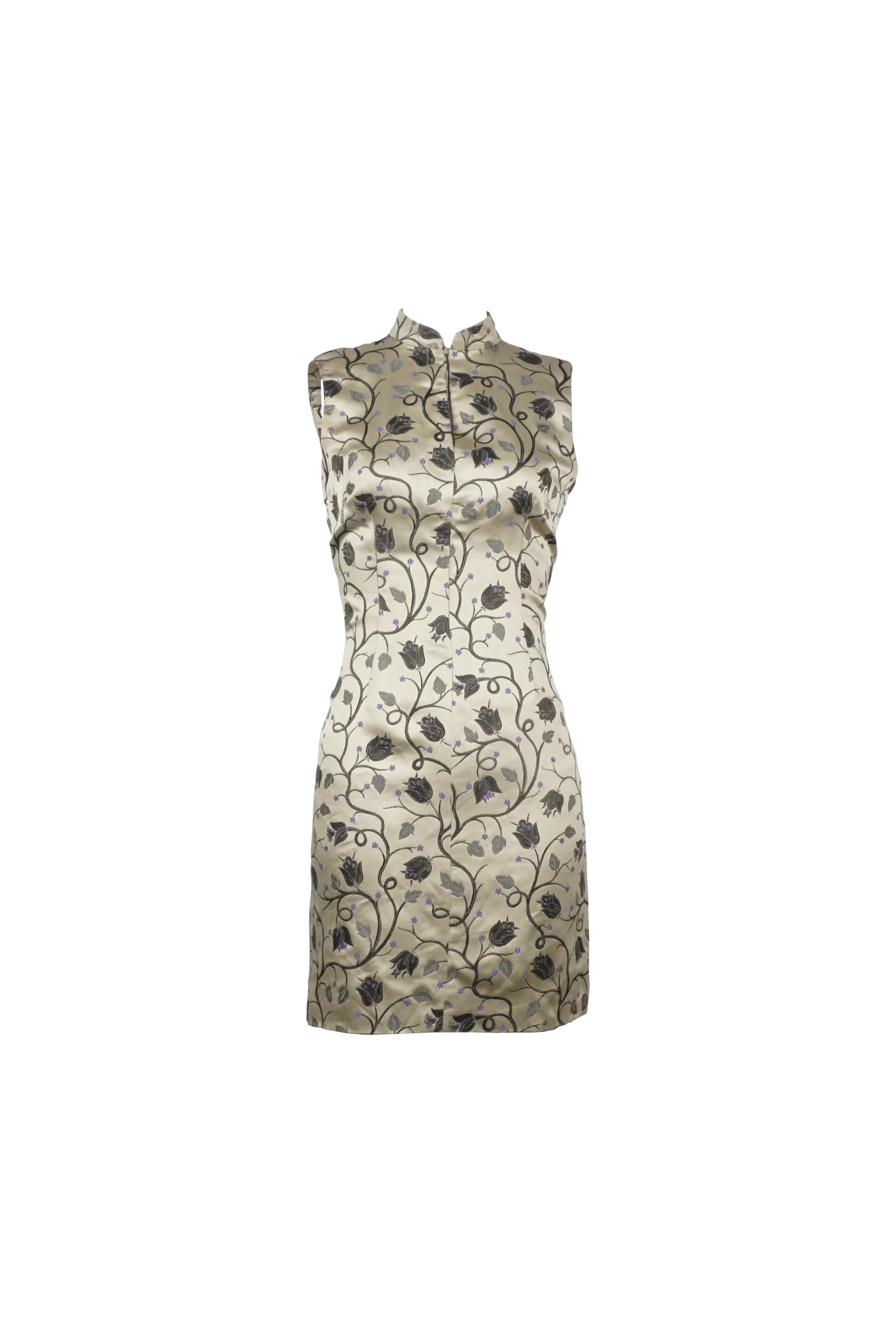 Marrone PRADA P/E 1997 Eleganza del mini abito cheongsam in seta floreale in vendita