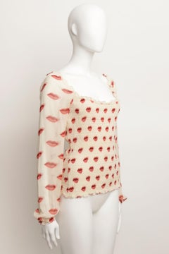 Prada S/S 2000 Lip Print Long Sleeve Smocked Top in Beige Silk