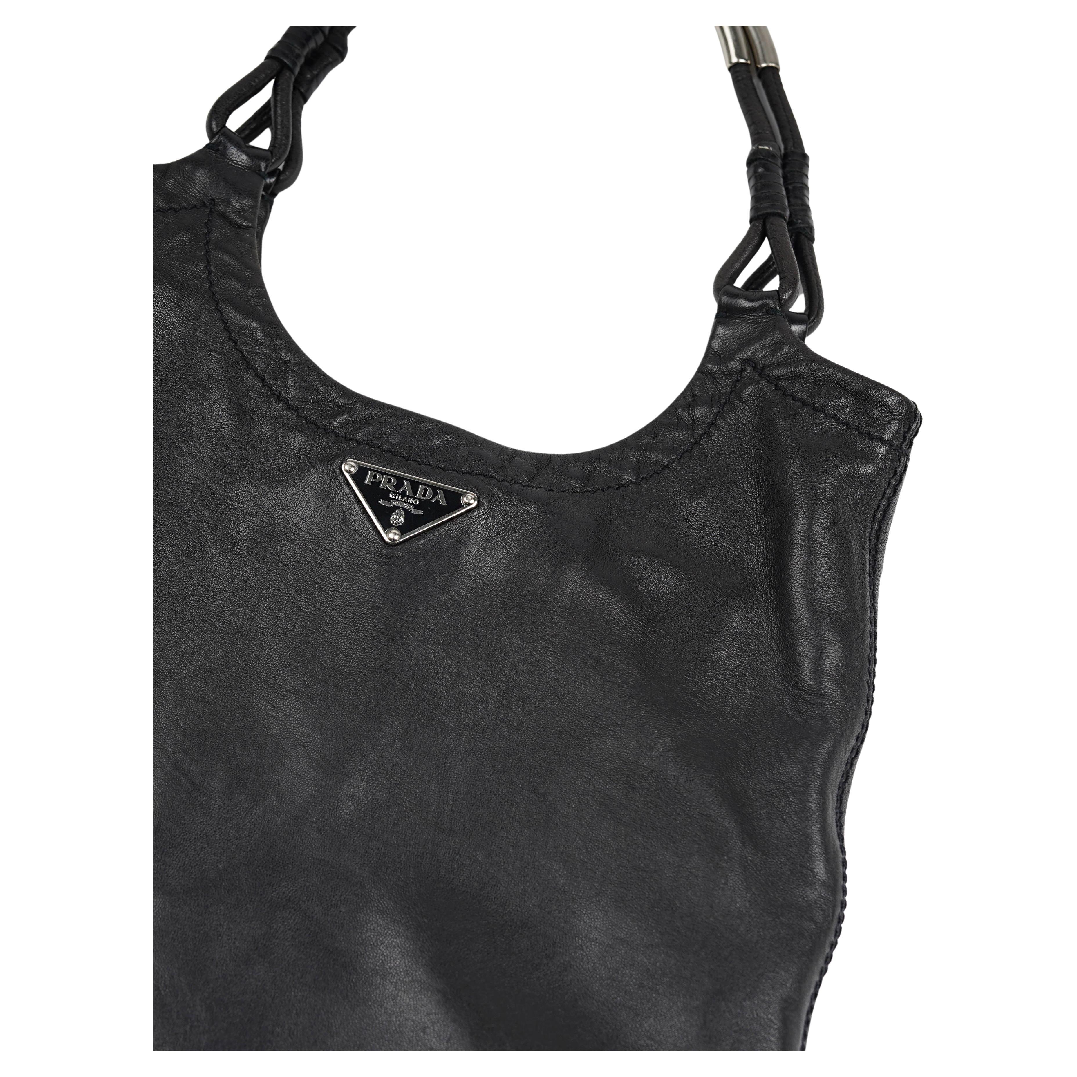 Black Prada S/S 2003 Silver Metal Top Handle Leather Bag For Sale