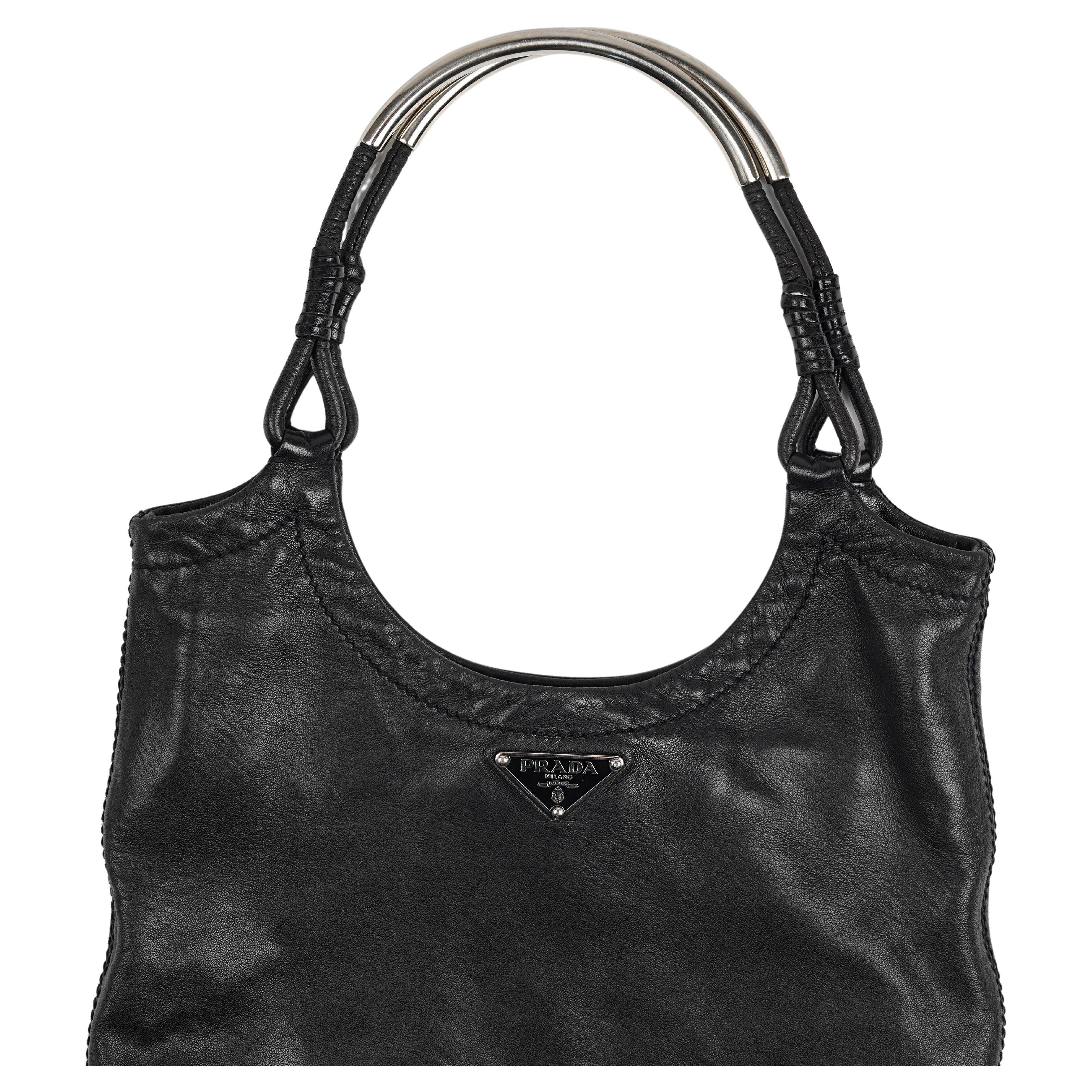 Women's Prada S/S 2003 Silver Metal Top Handle Leather Bag For Sale