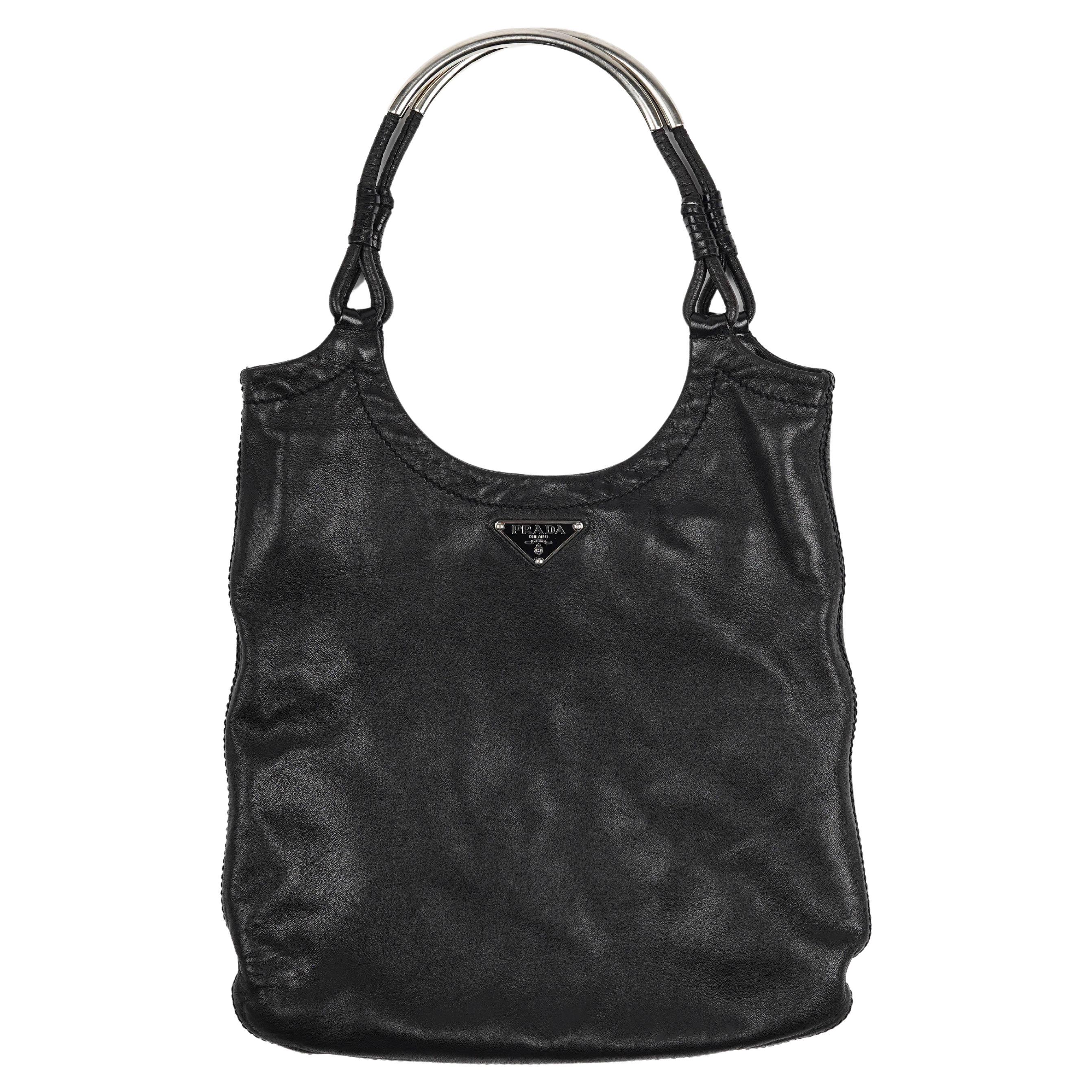 Prada S/S 2003 Silver Metal Top Handle Leather Bag For Sale