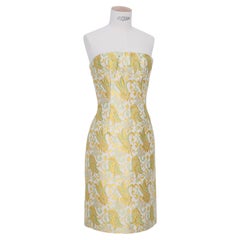 Prada S/S 2003 Strapless yellow green gold ivory brocade floral dress IT40