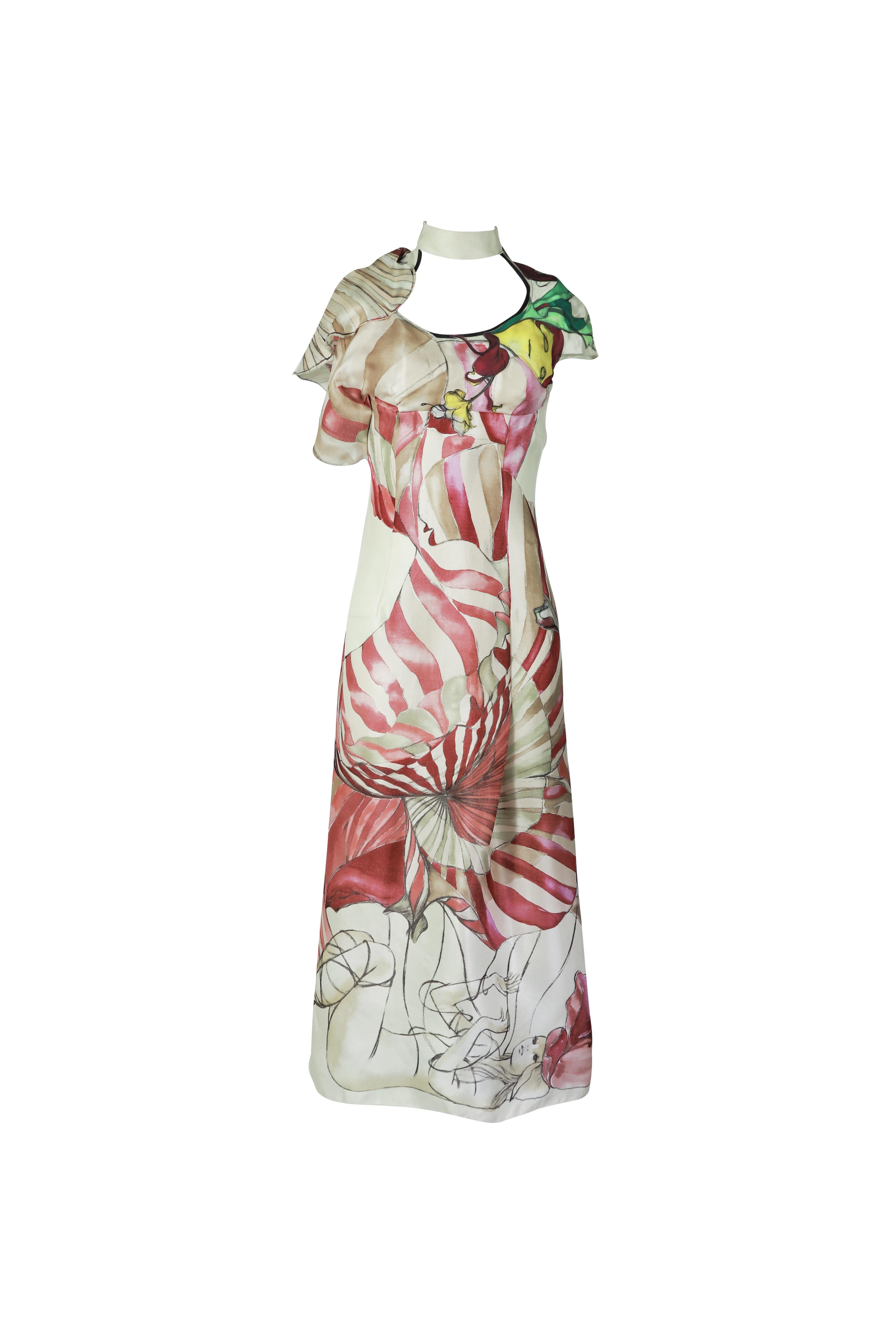 Beige Prada S/s 2008 Fairy Collection Floral Print Cutout Maxi Dress For Sale