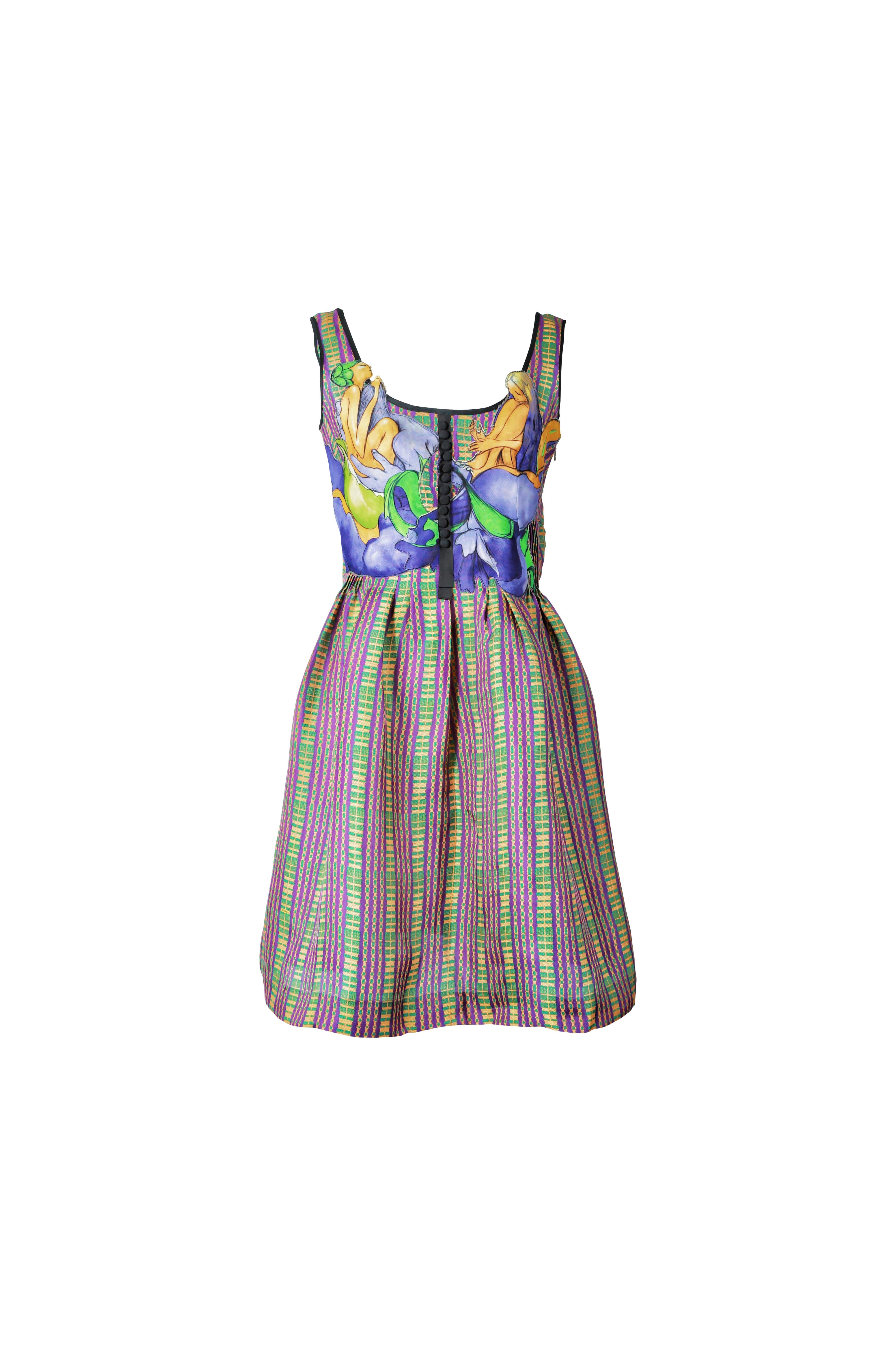 Gray Prada S/s 2008 Fairy Collection Plaid Dress with Graphic Print Bodice For Sale