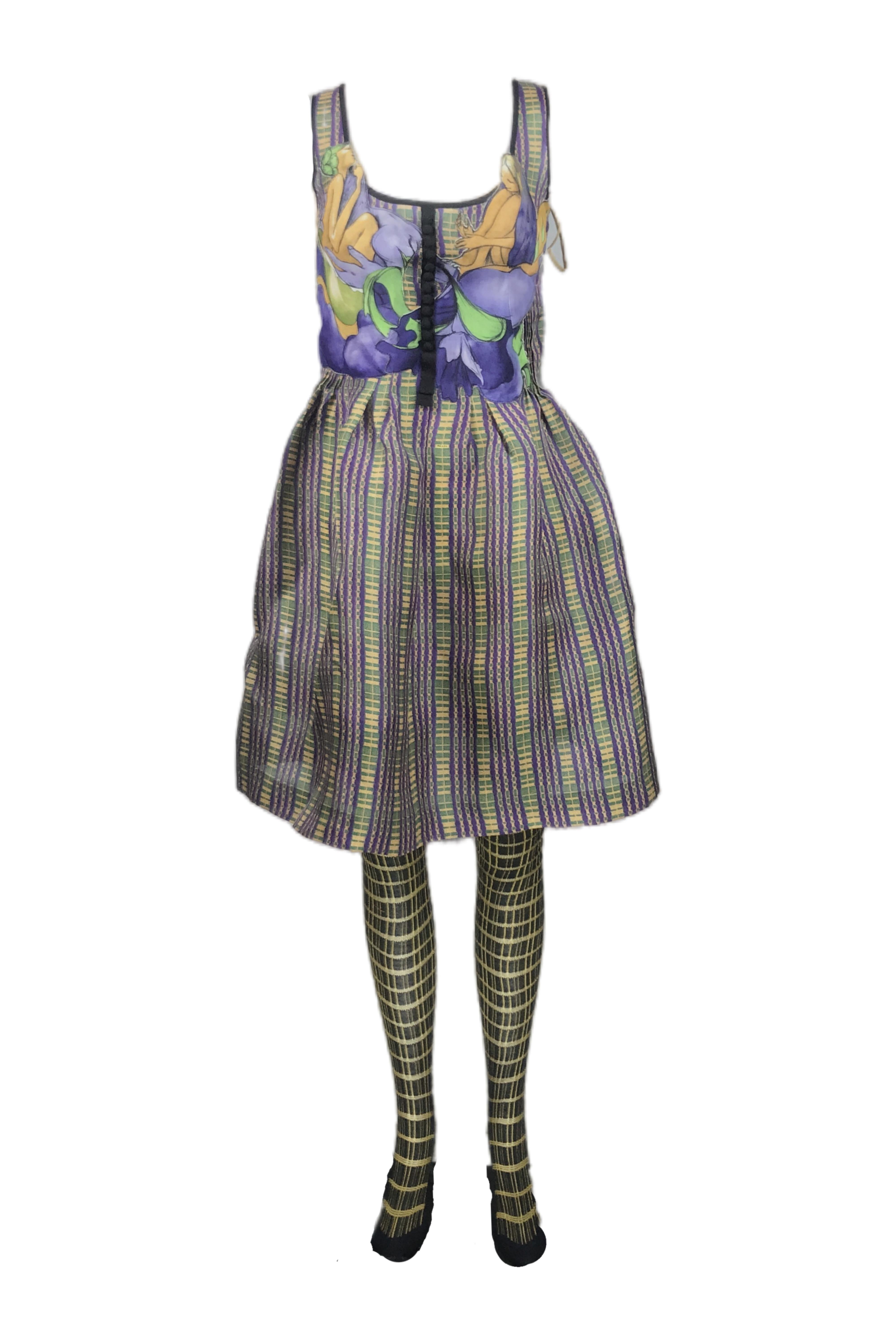 Prada S/s 2008 Fairy Collection Plaid Dress with Graphic Print Bodice For Sale 3