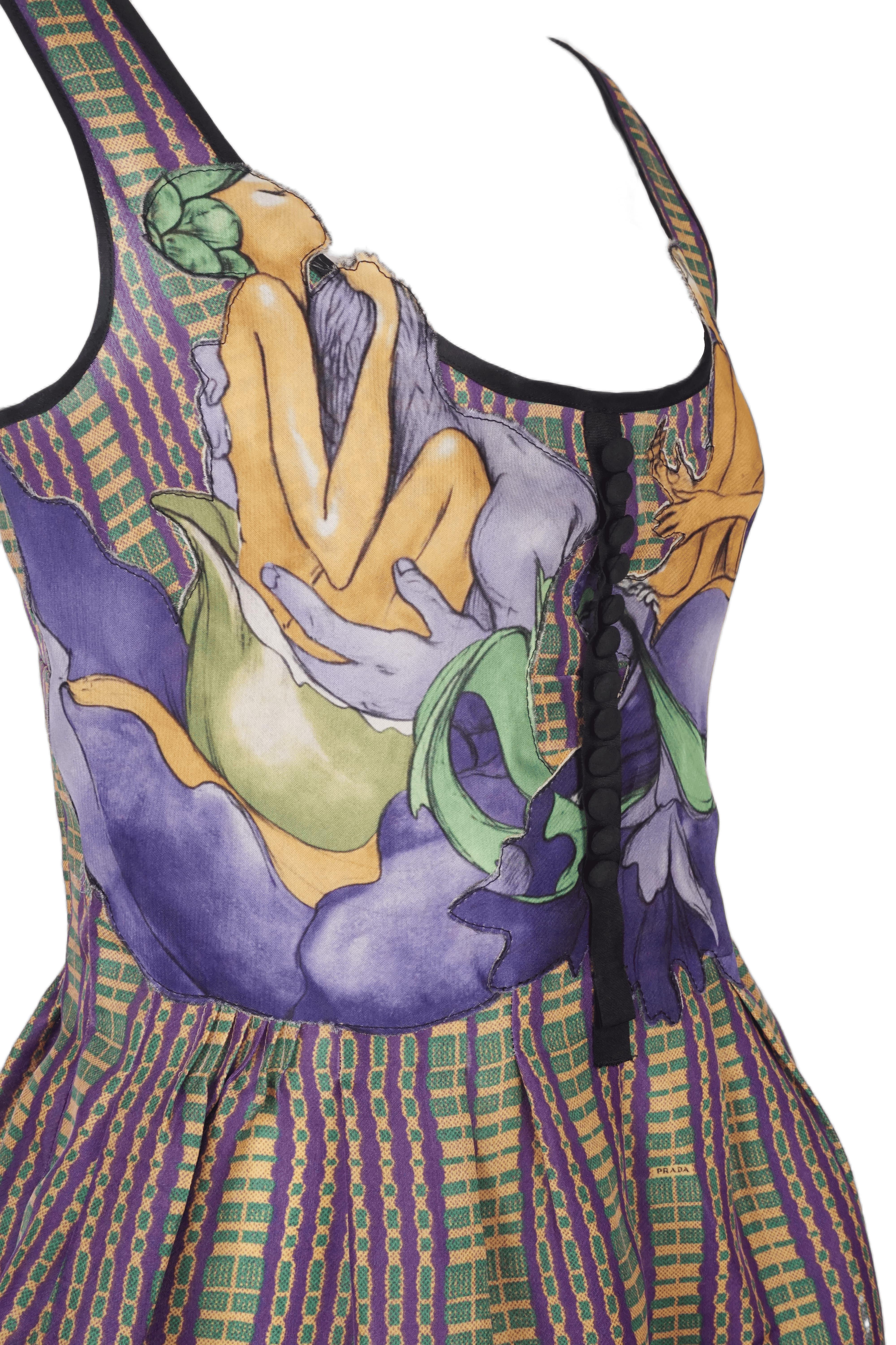 Prada S/s 2008 Fairy Collection Plaid Dress with Graphic Print Bodice For Sale 4