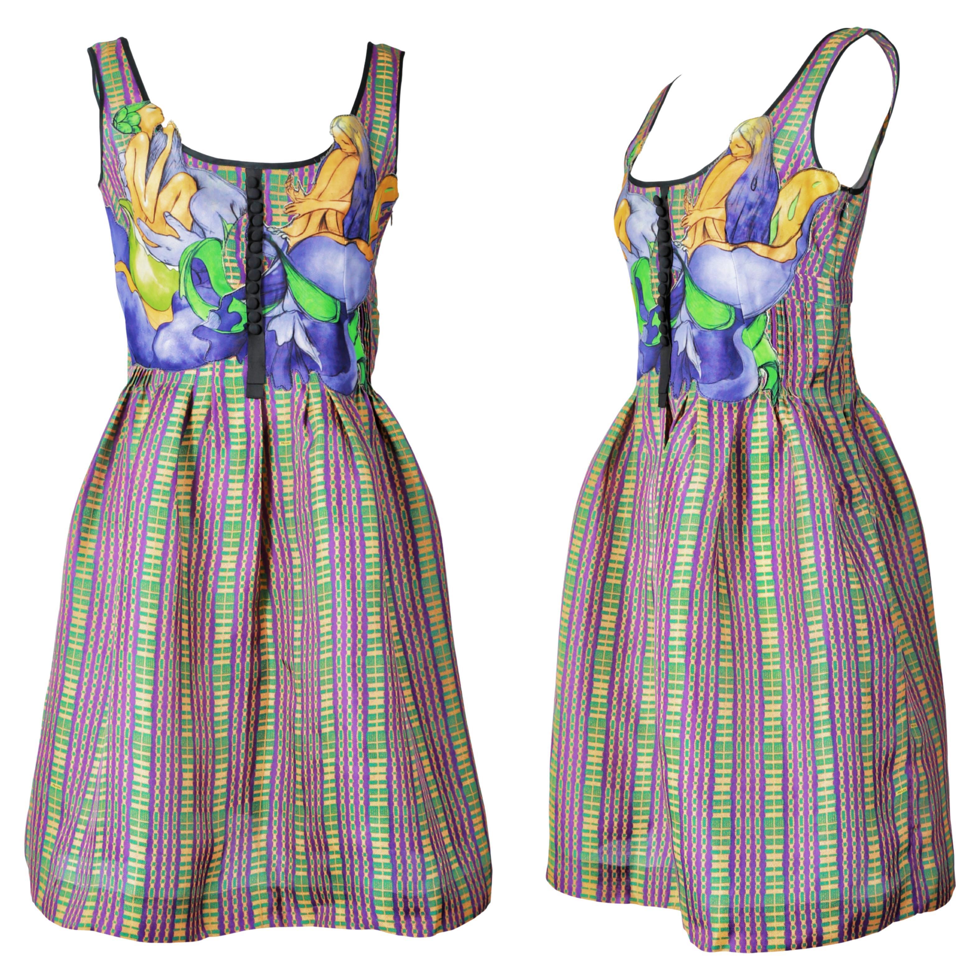 Prada S/s 2008 Fairy Collection Plaid Dress with Graphic Print Bodice For Sale