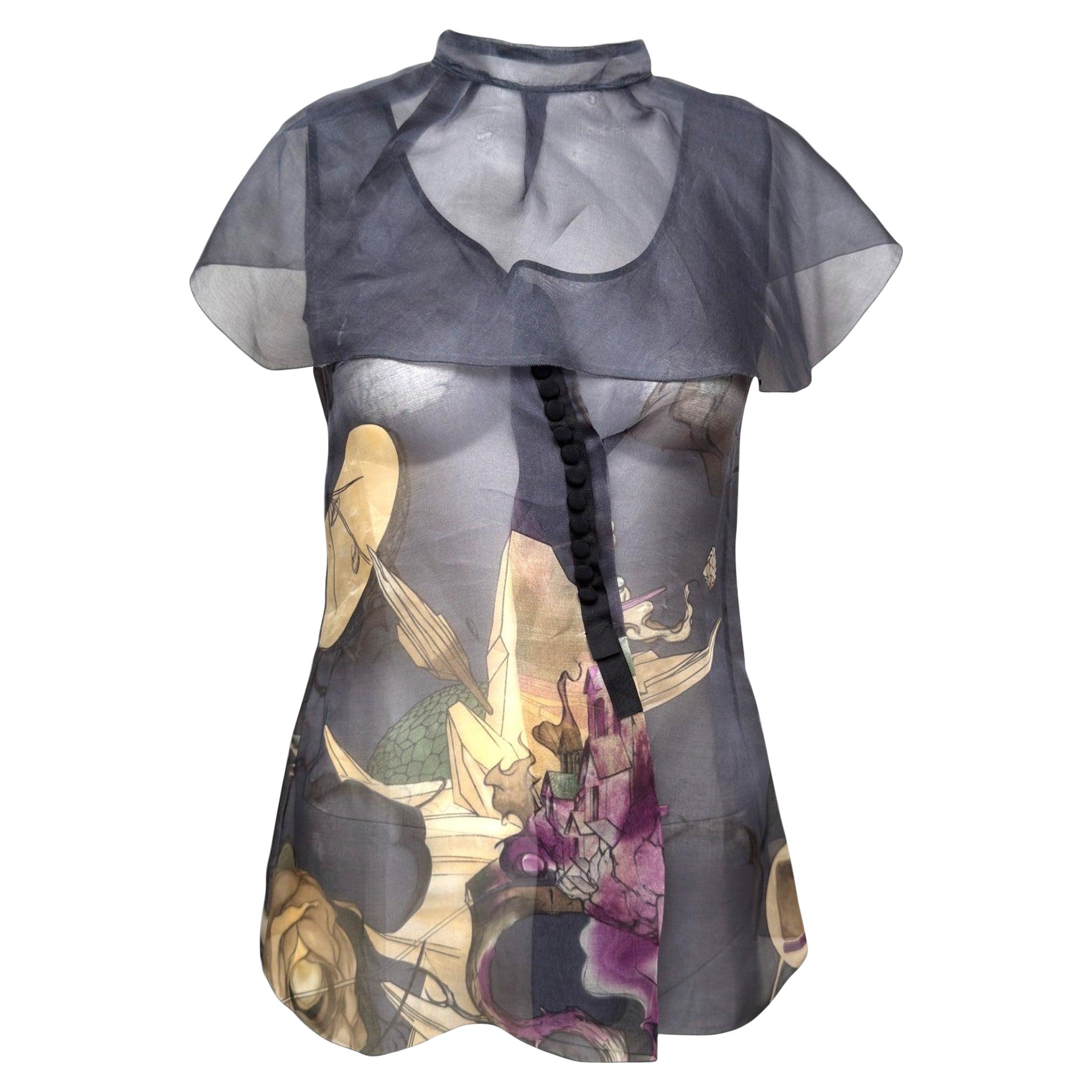 Prada S/S 2008 Grey Sheer Printed Capelet Blouse