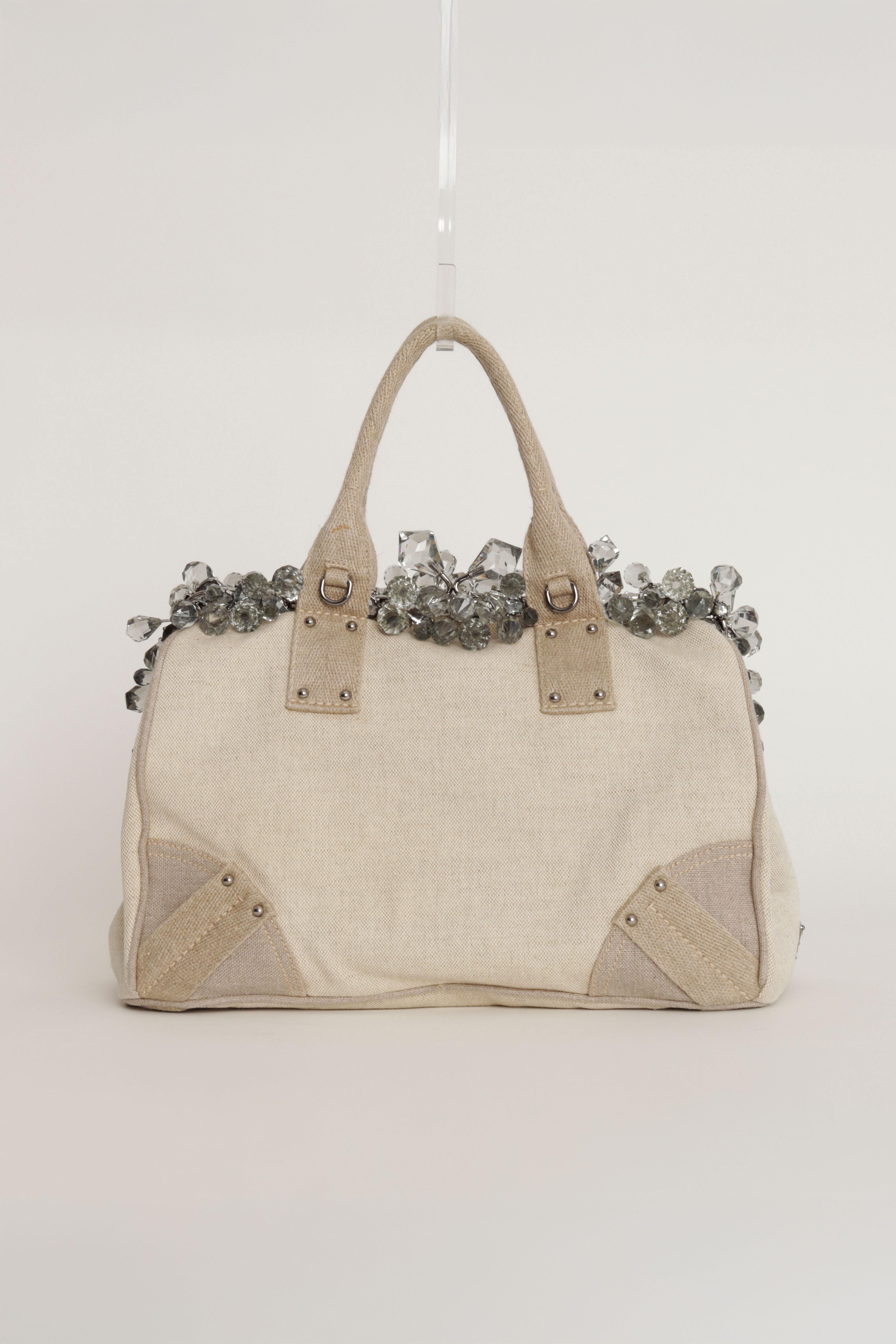 Beige Prada S/S 2010 Runway Canvas Mistolino Crystal Chandelier Large Top Handle Bag en vente
