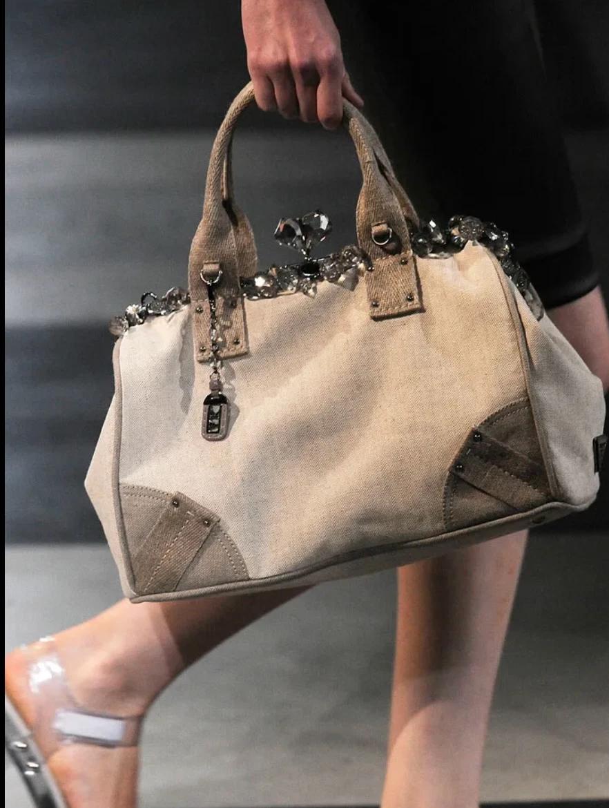 Prada S/S 2010 Runway Canvas Mistolino Crystal Chandelier Large Top Handle Bag Bon état - En vente à London, GB