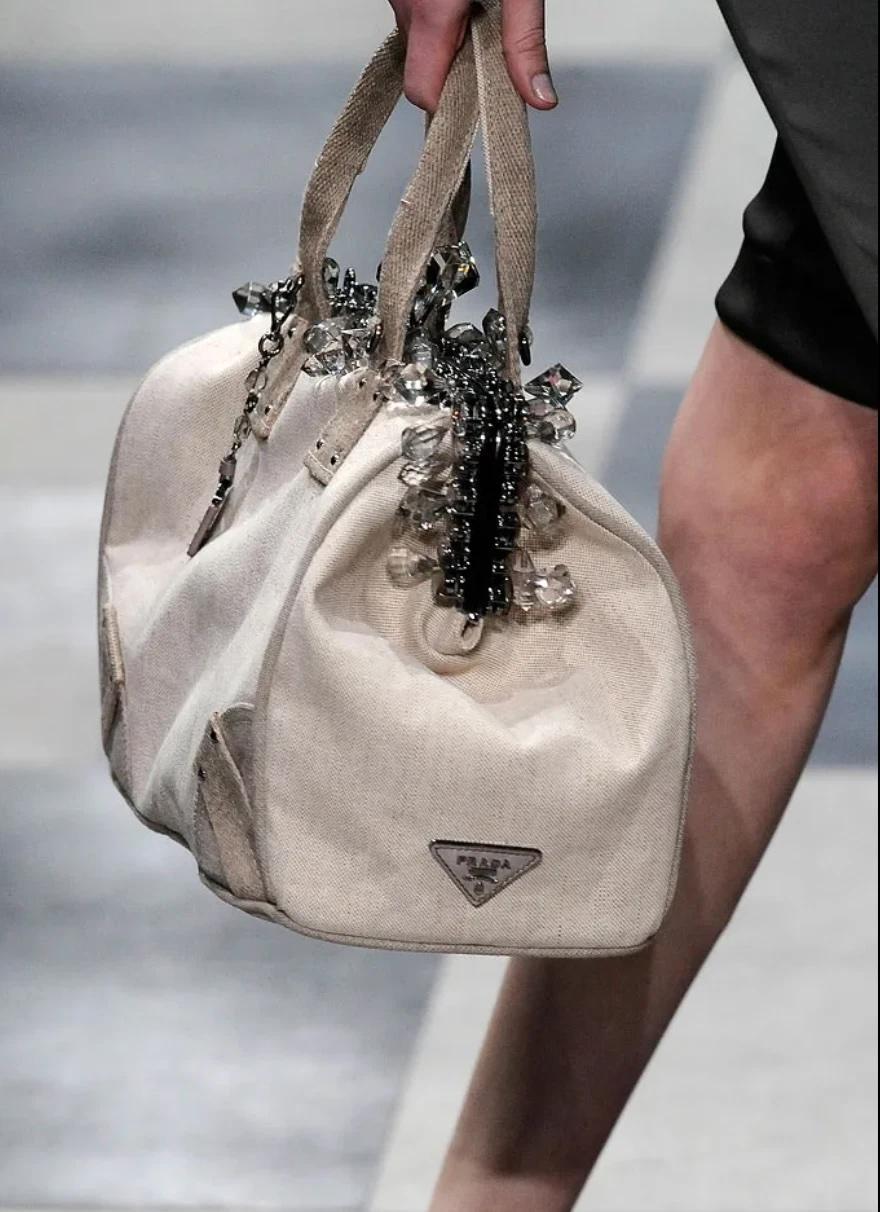 Prada S/S 2010 Runway Canvas Mistolino Crystal Chandelier Large Top Handle Bag Unisexe en vente