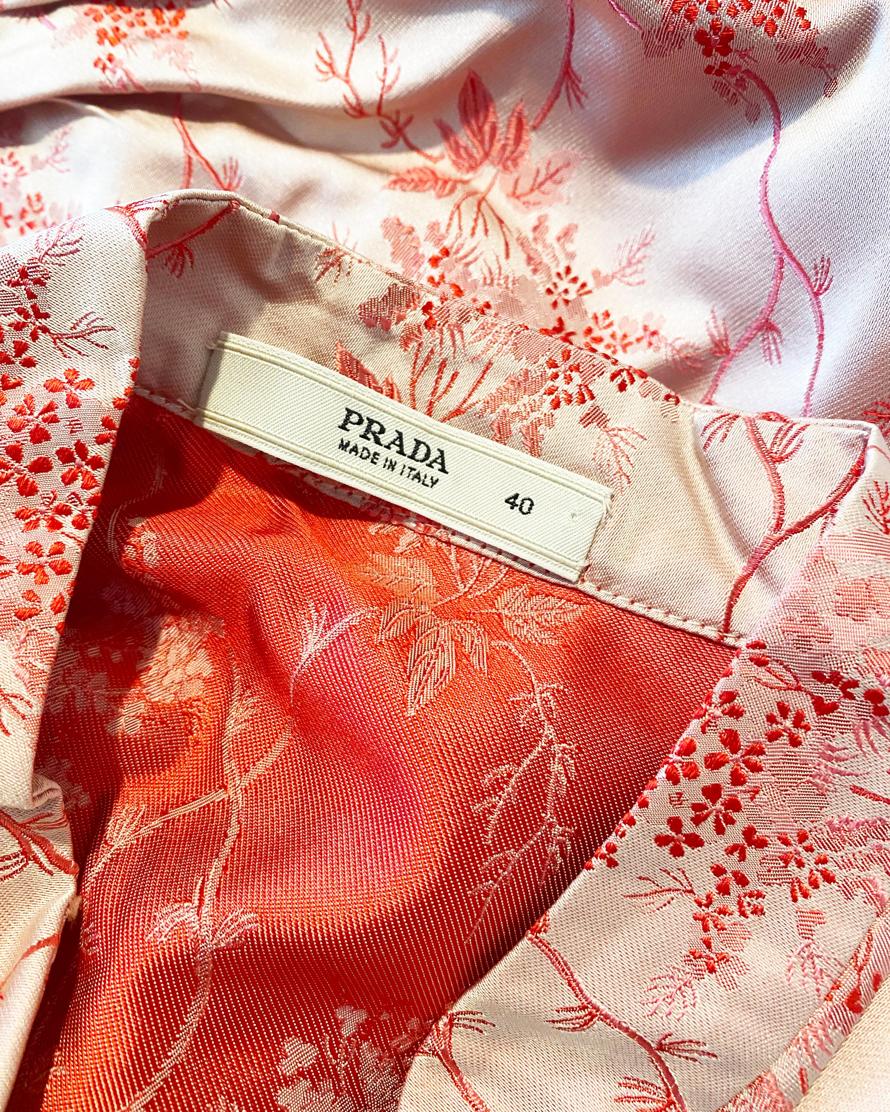 Prada S/S 97 vintage pink red floral silk brocade cheongsam midi length dress For Sale 2