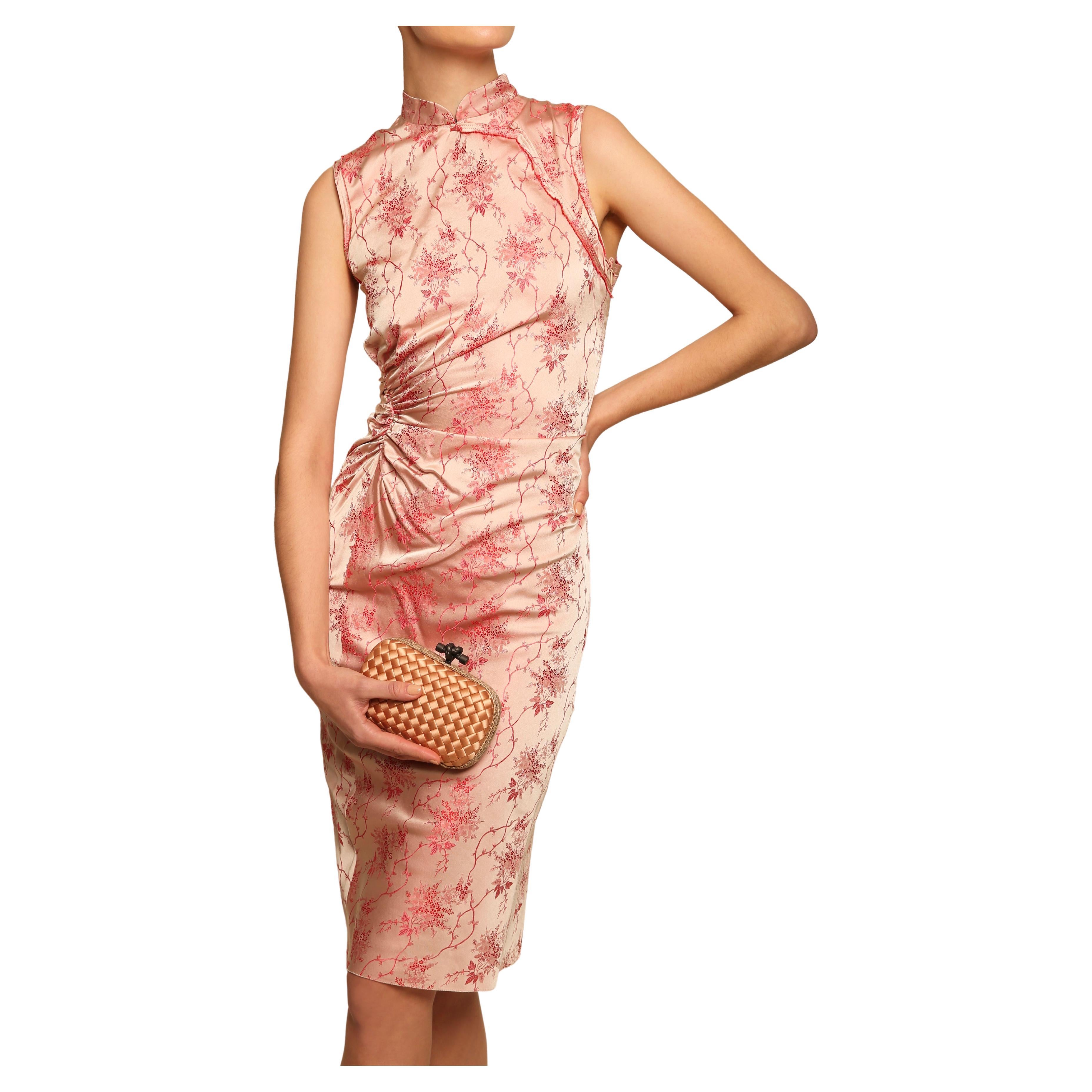 Prada S/S 97 vintage pink red floral silk brocade cheongsam midi length dress