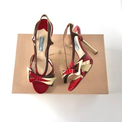 Prada S2012 Flame Red Patent Leather Bow Hotrod Strappy Heeled Sandals 36.5
