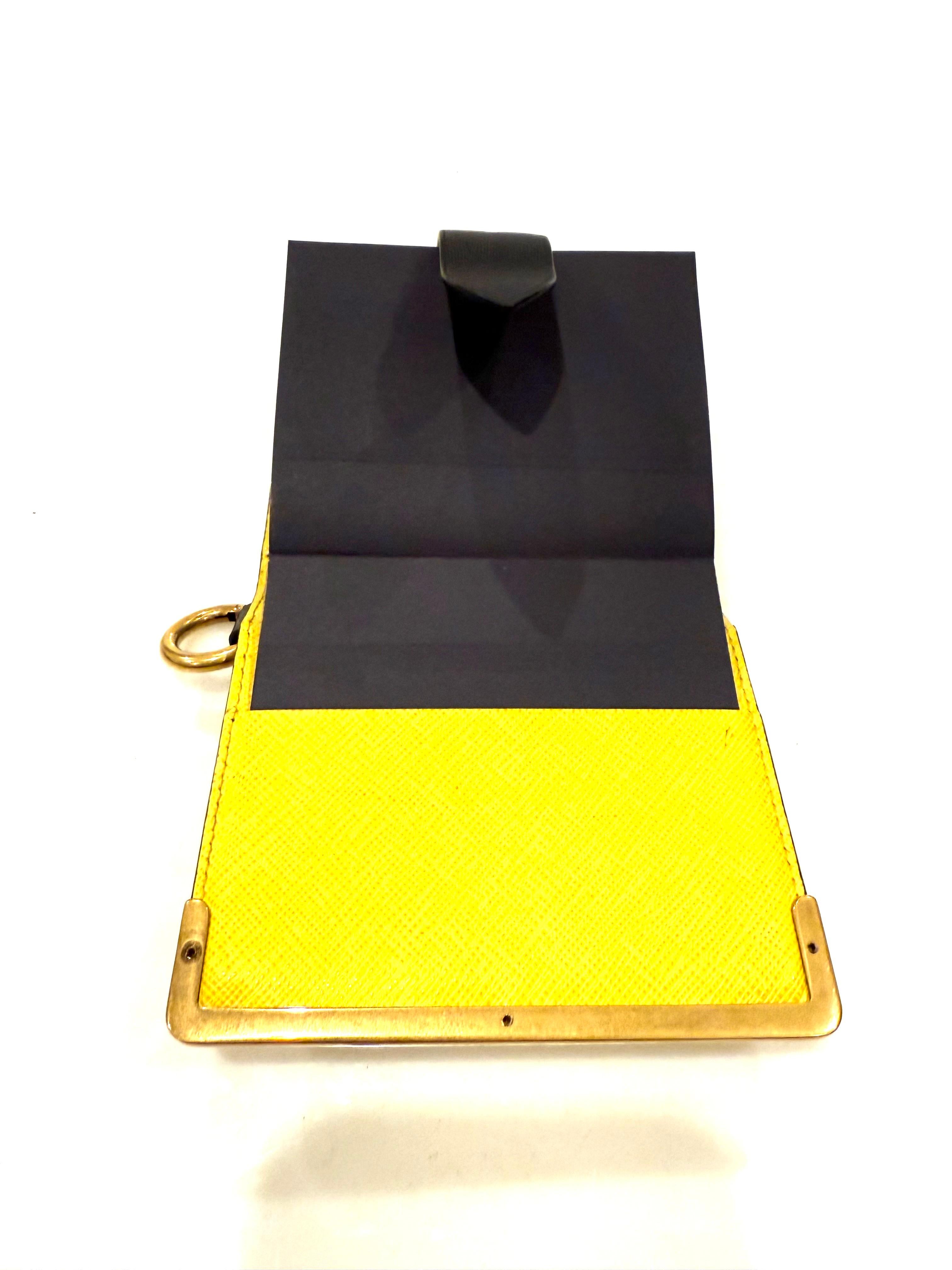 Prada Saffiano Black/Yellow Leather Trunk Style Notebook With Gold-Tone Hardware For Sale 6