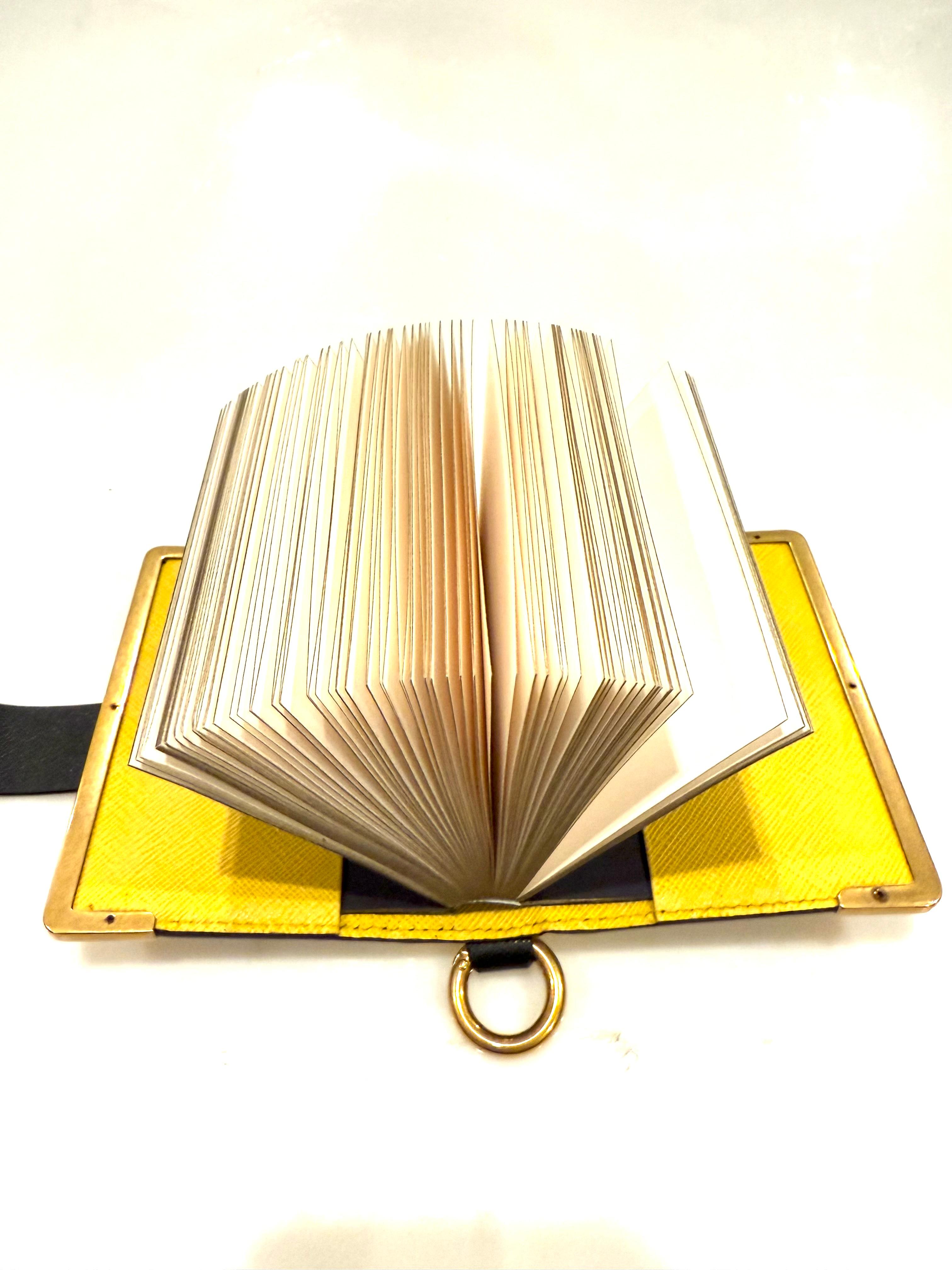 Prada Saffiano Black/Yellow Leather Trunk Style Notebook With Gold-Tone Hardware For Sale 7