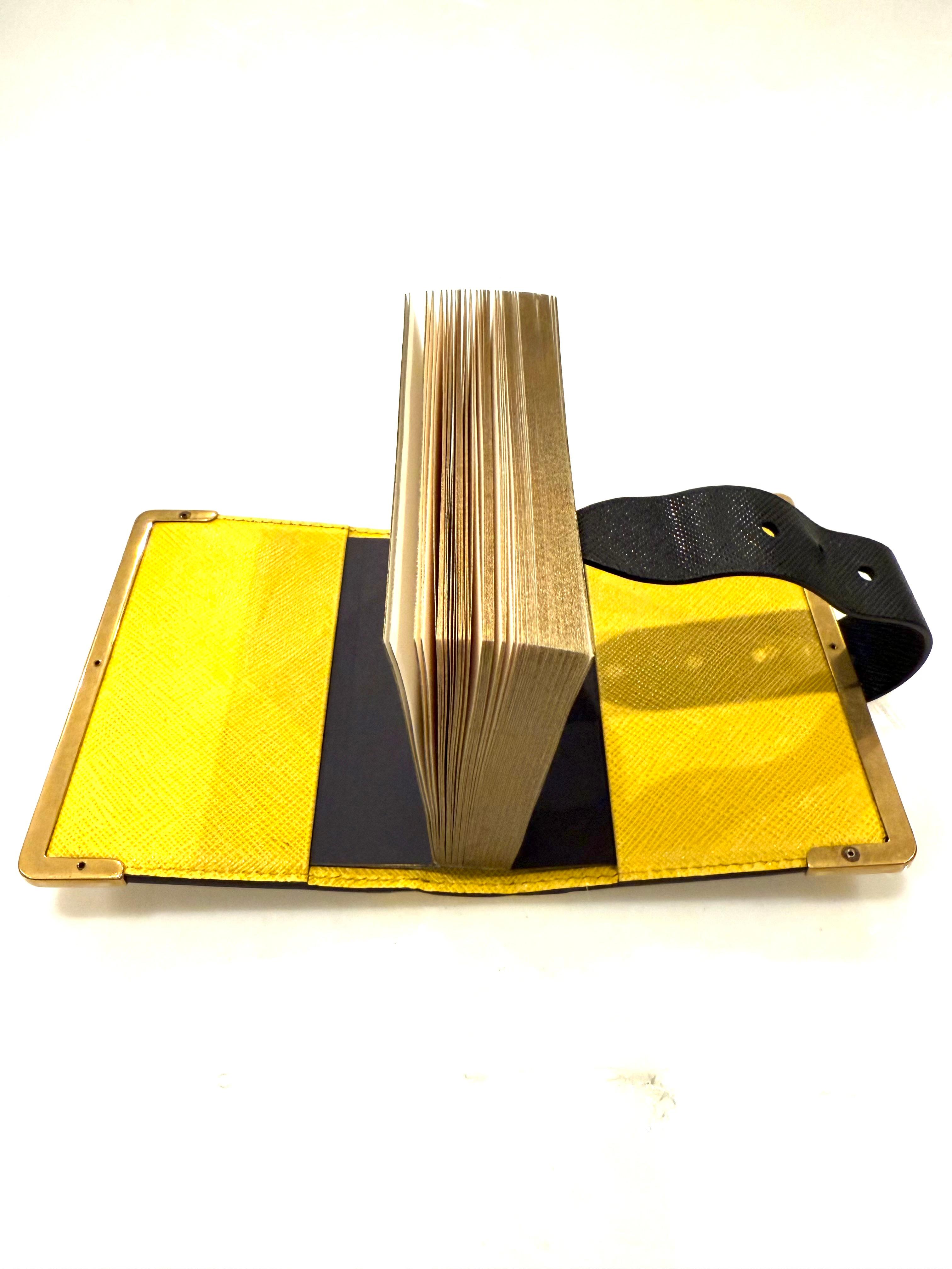 Prada Saffiano Black/Yellow Leather Trunk Style Notebook With Gold-Tone Hardware For Sale 8