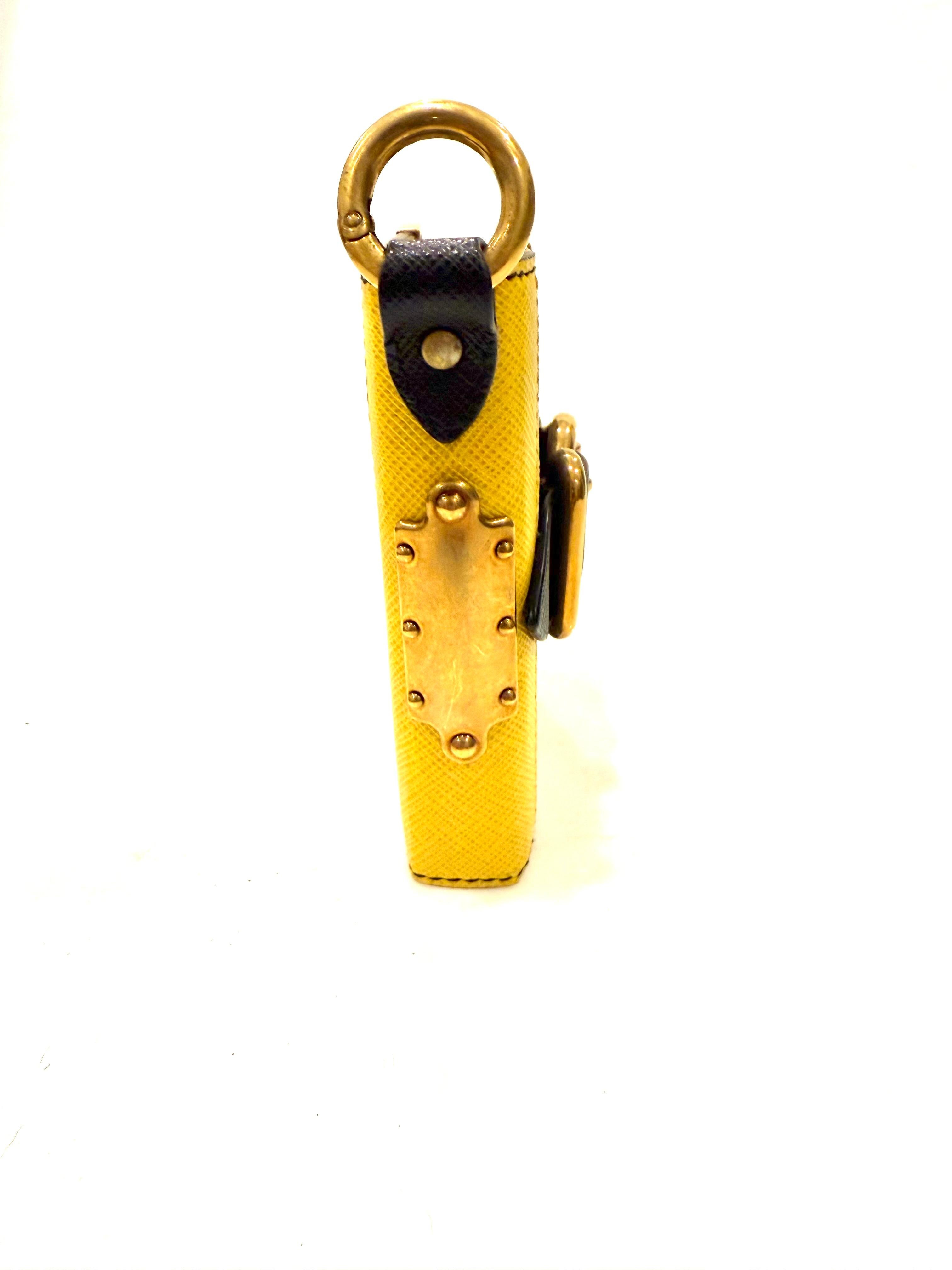 Prada Saffiano Black/Yellow Leather Trunk Style Notebook With Gold-Tone Hardware In Good Condition For Sale In Woodland Hills, CA