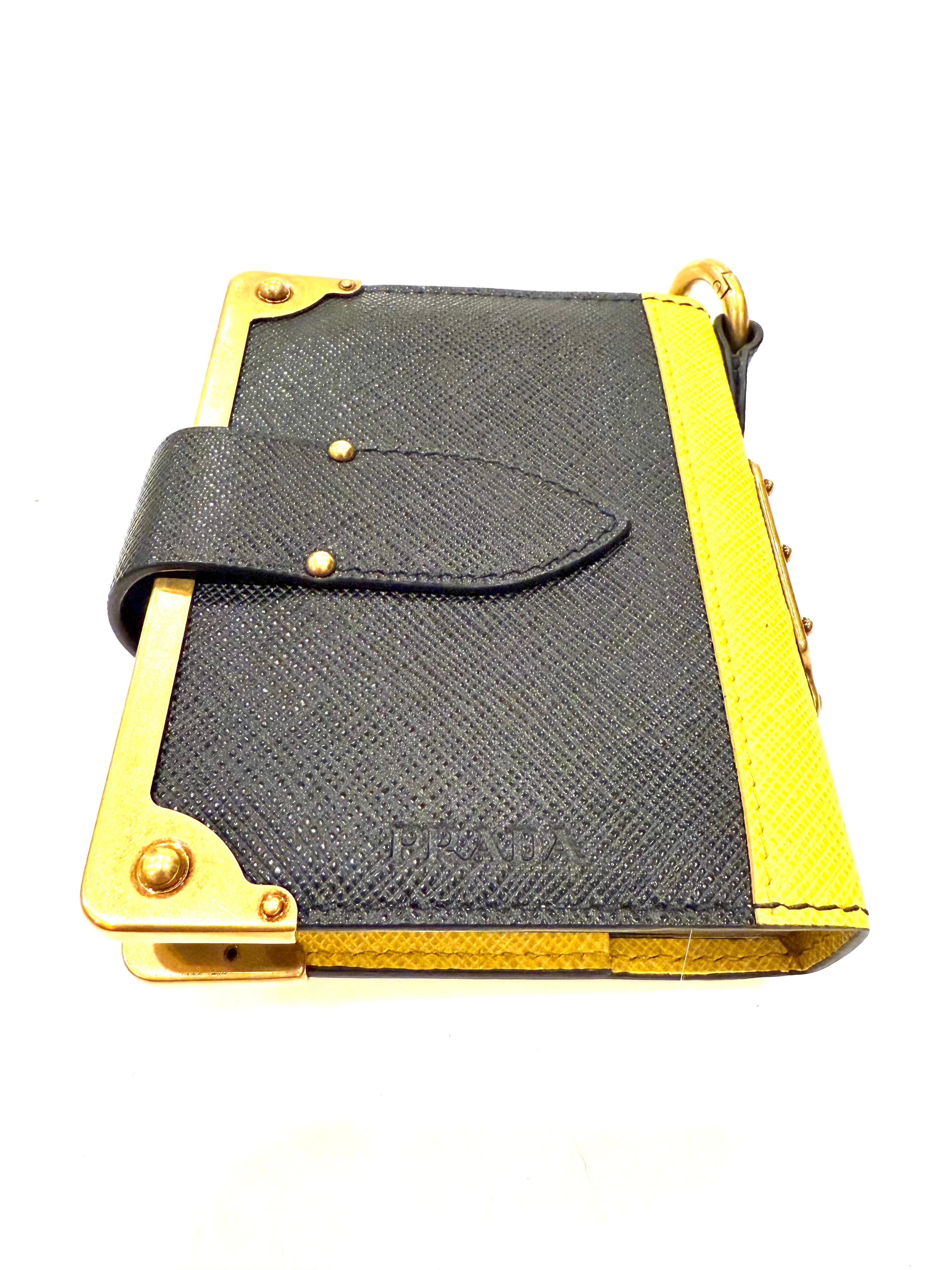 Women's or Men's Prada Saffiano Black/Yellow Leather Trunk Style Notebook With Gold-Tone Hardware For Sale
