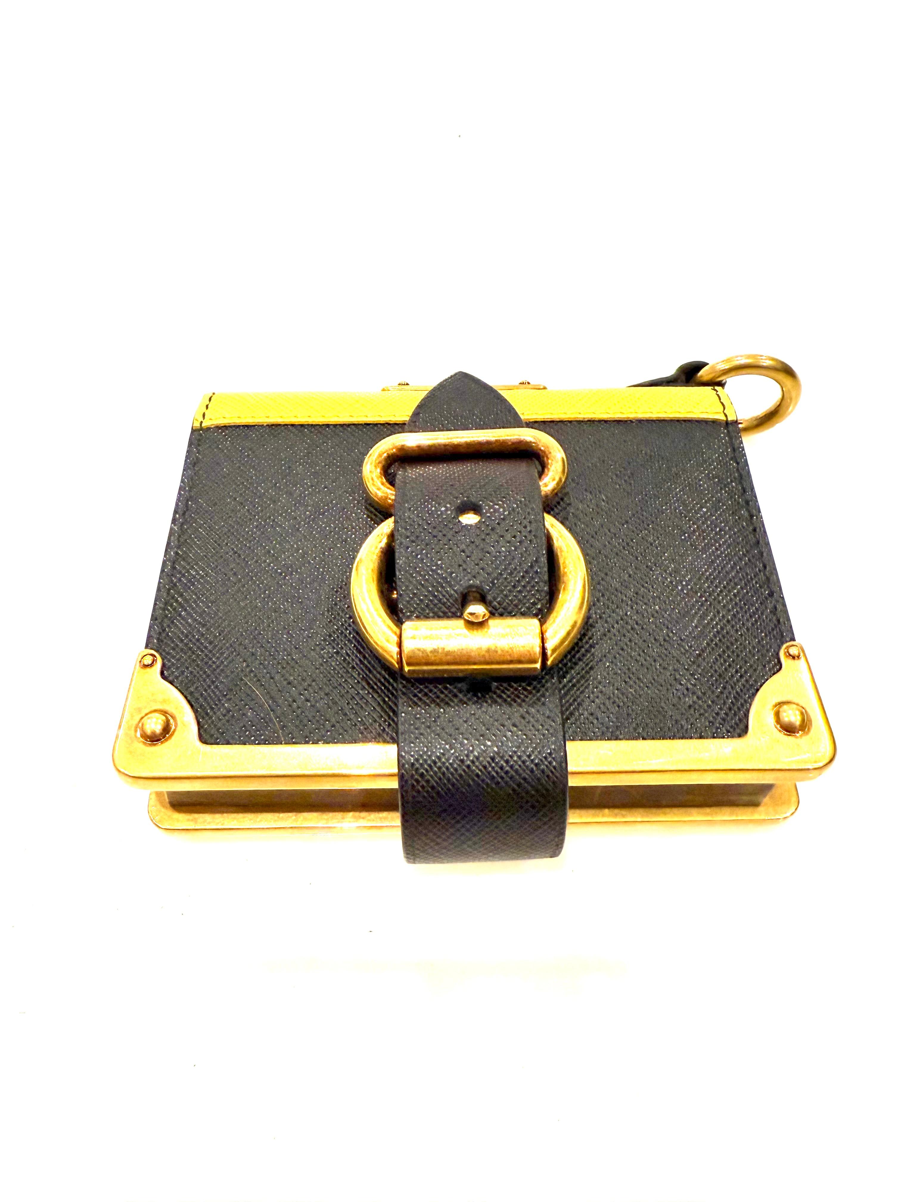 Prada Saffiano Black/Yellow Leather Trunk Style Notebook With Gold-Tone Hardware For Sale 2