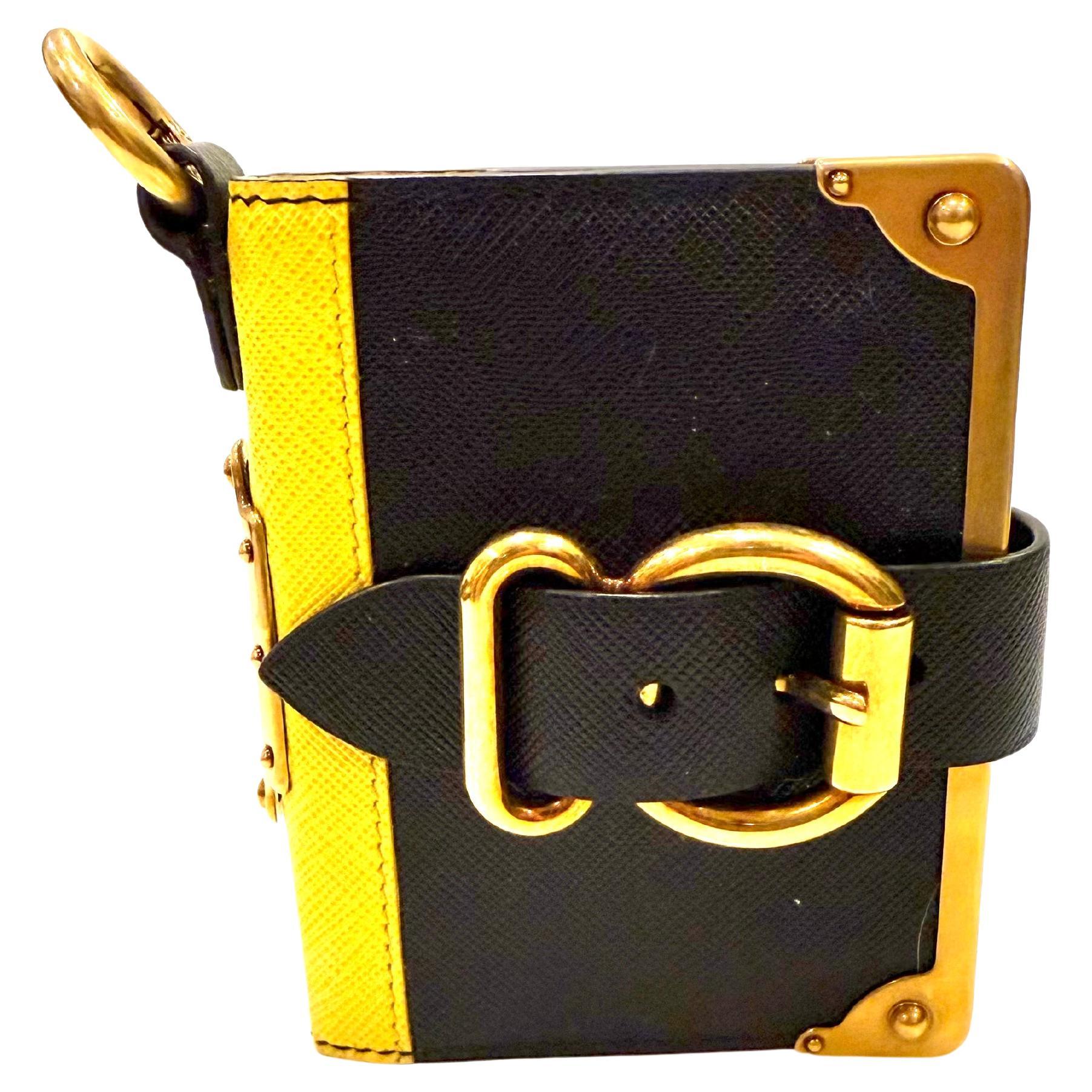 Prada Saffiano Black/Yellow Leather Trunk Style Notebook With Gold-Tone Hardware For Sale
