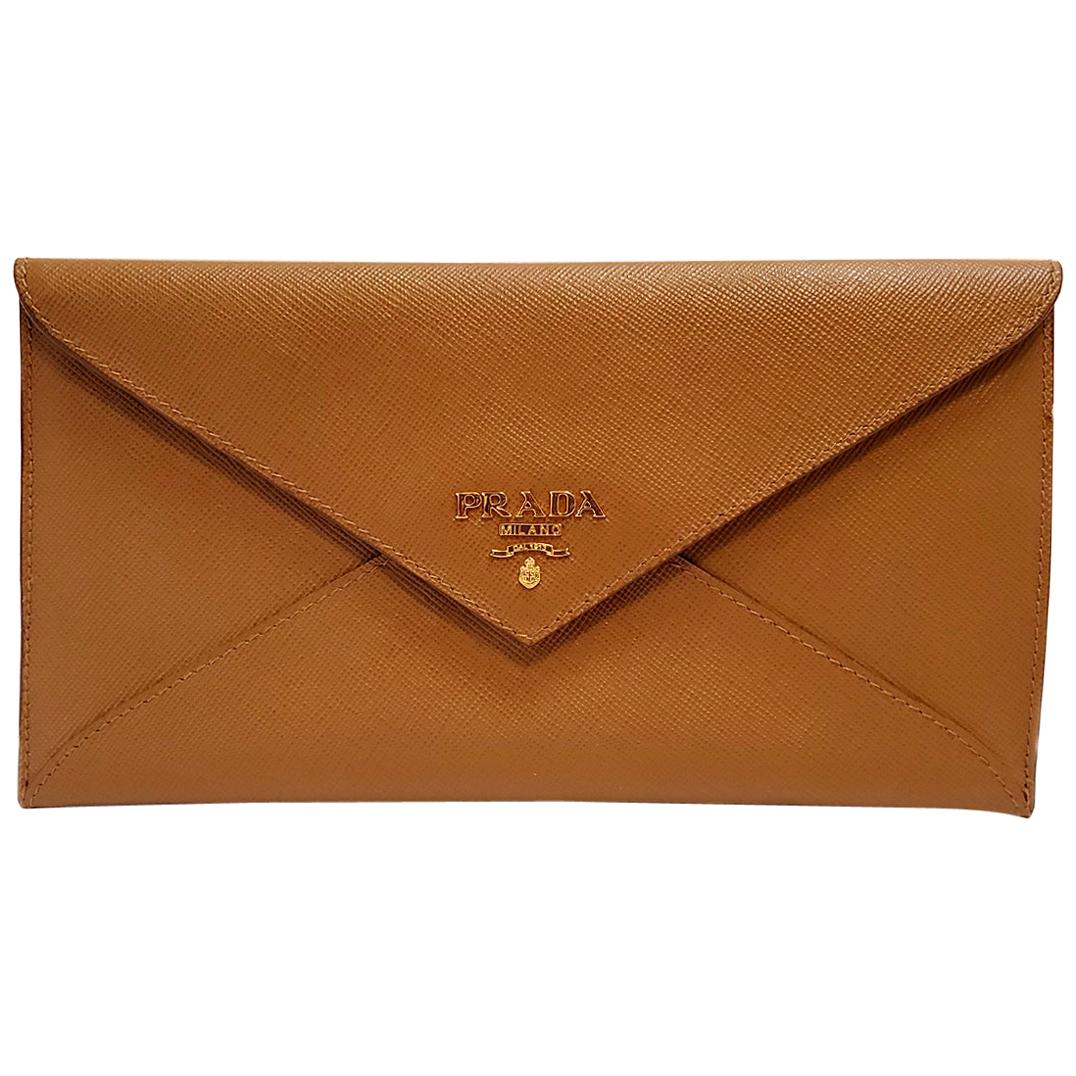 Prada Saffiano Caramel Leather Envelope Clutch Handbag